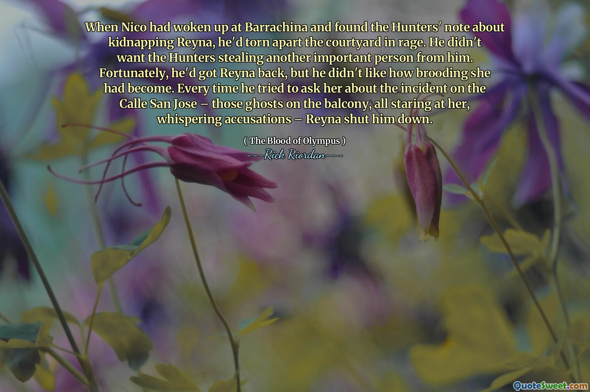 When Nico had woken up at Barrachina and found the Hunters' note about kidnapping Reyna, he'd torn apart the courtyard in rage. He didn't want the Hunters stealing another important person from him. Fortunately, he'd got Reyna back, but he didn't like how brooding she had become. Every time he tried to ask her about the incident on the Calle San Jose – those ghosts on the balcony, all staring at her, whispering accusations – Reyna shut him down.