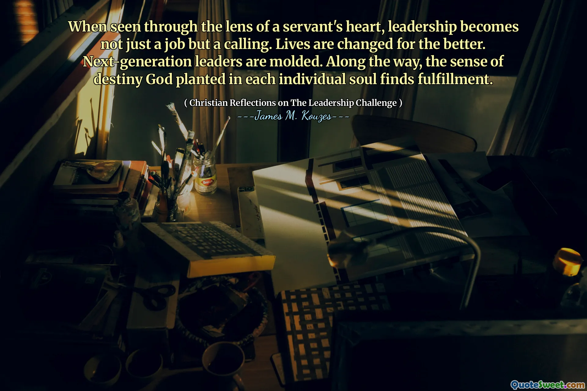 When seen through the lens of a servant's heart, leadership becomes not just a job but a calling. Lives are changed for the better. Next-generation leaders are molded. Along the way, the sense of destiny God planted in each individual soul finds fulfillment.