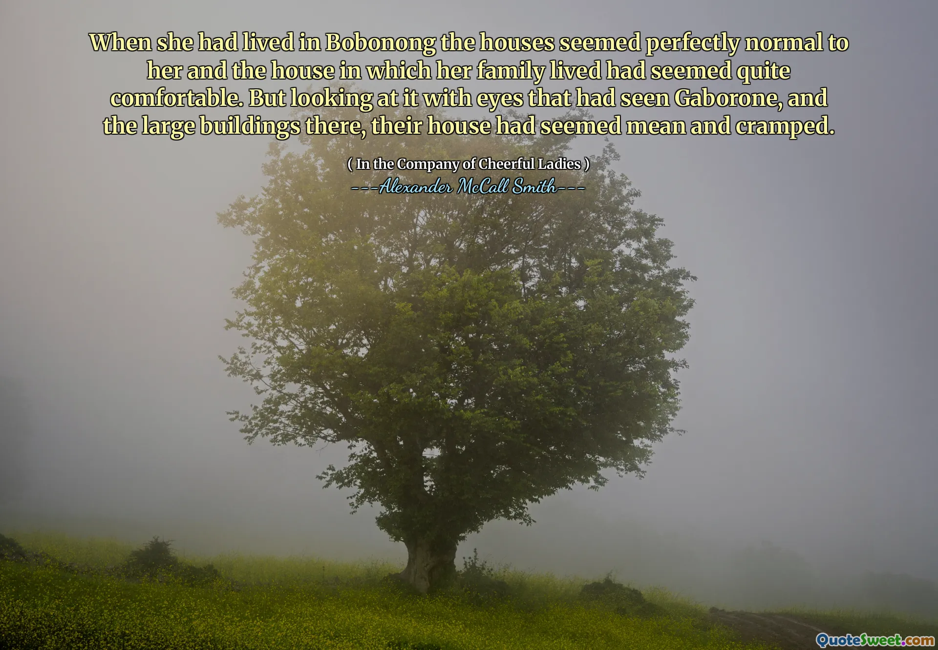 当她住在波浪时，房子看上去对她来说似乎完全正常，她的家人住的房子似乎很舒服。但是用眼睛看着加博隆的眼睛看着它，那里的大建筑物似乎是卑鄙而狭窄的。