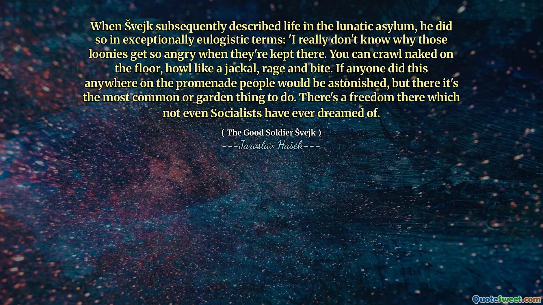 Když Švejk následně popsal život v šílenství azylu, učinil tak výjimečně eulogicky: „Opravdu nevím, proč se tyto osaměly tak naštvané, když tam jsou. Můžete se plazit nahý na podlaze, vytí jako šakal, vztek a kousnutí. Pokud by to někdo udělal kdekoli na promenádě, lidi by byl ohromen, ale je to nejběžnější nebo zahradní věc. Je tam svoboda, o které ani socialisté nikdy nesnili.