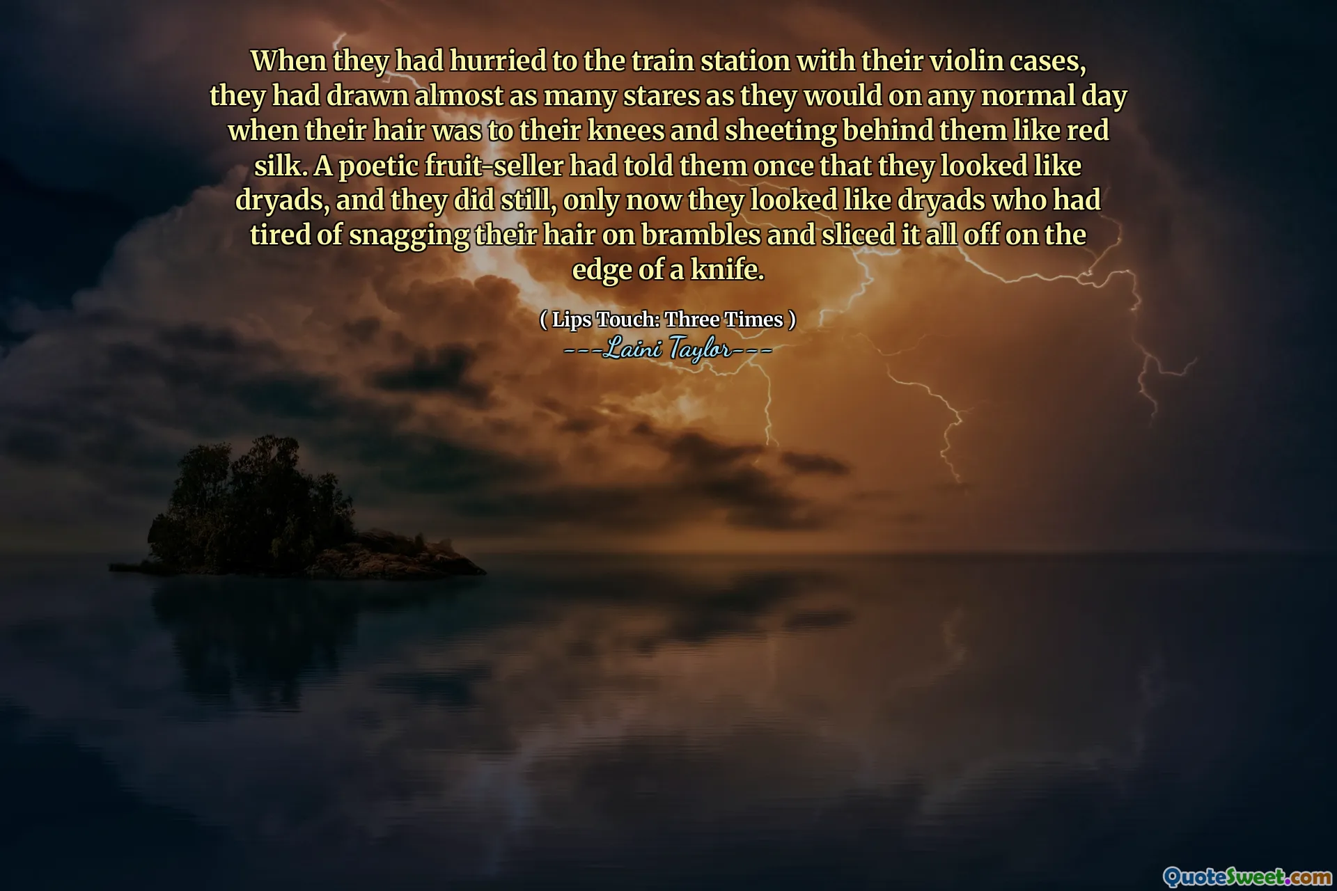 When they had hurried to the train station with their violin cases, they had drawn almost as many stares as they would on any normal day when their hair was to their knees and sheeting behind them like red silk. A poetic fruit-seller had told them once that they looked like dryads, and they did still, only now they looked like dryads who had tired of snagging their hair on brambles and sliced it all off on the edge of a knife.
