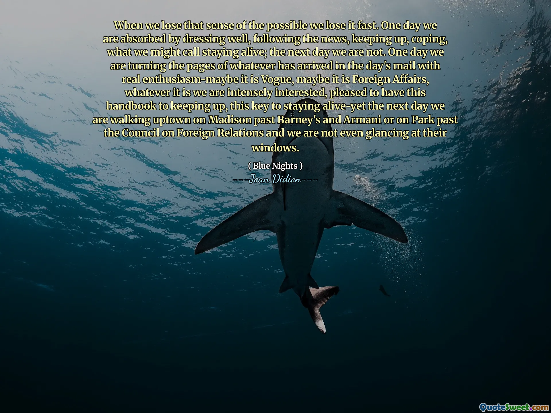 Când pierdem acel sens posibil, îl pierdem repede. Într -o zi suntem absorbiți de îmbrăcăm bine, urmând veștile, păstrând, să facem față, ceea ce am putea numi să rămânem în viață; A doua zi nu suntem. One day we are turning the pages of whatever has arrived in the day's mail with real enthusiasm-maybe it is Vogue, maybe it is Foreign Affairs, whatever it is we are intensely interested, pleased to have this handbook to keeping up, this key to staying alive-yet the next day we are walking uptown on Madison past Barney's and Armani or on Park past the Council on Foreign Relations and we are not even glancing at their windows.