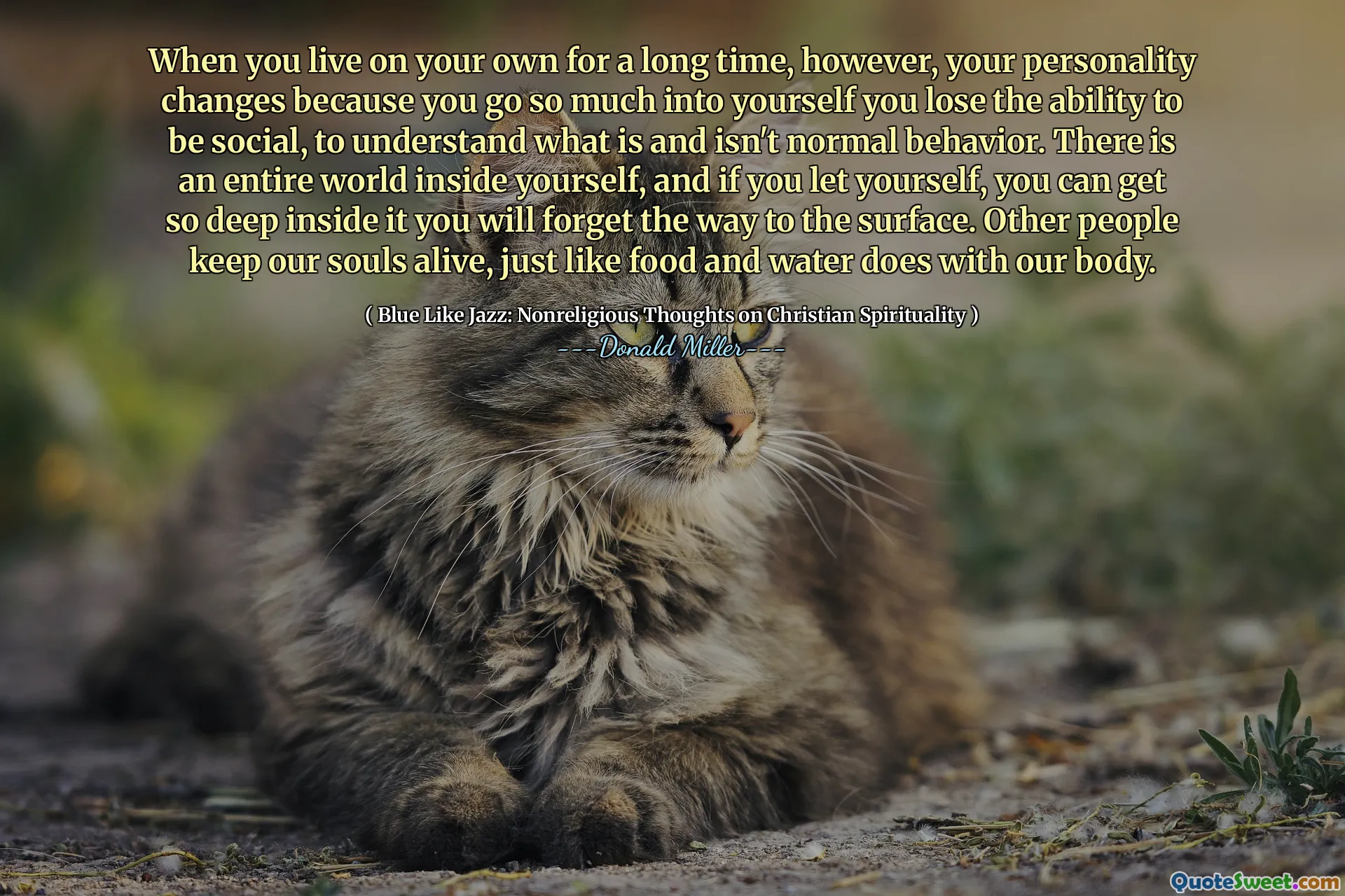 Wenn Sie jedoch lange Zeit alleine leben, ändert sich Ihre Persönlichkeit, weil Sie so viel in sich selbst eingehen, dass Sie die Fähigkeit verlieren, sozial zu sein und zu verstehen, was ist und was nicht. Es gibt eine ganze Welt in sich selbst, und wenn Sie sich selbst lassen, können Sie so tief in sich gehen, dass Sie den Weg zur Oberfläche vergessen. Andere Menschen halten unsere Seelen am Leben, genau wie Essen und Wasser mit unserem Körper.