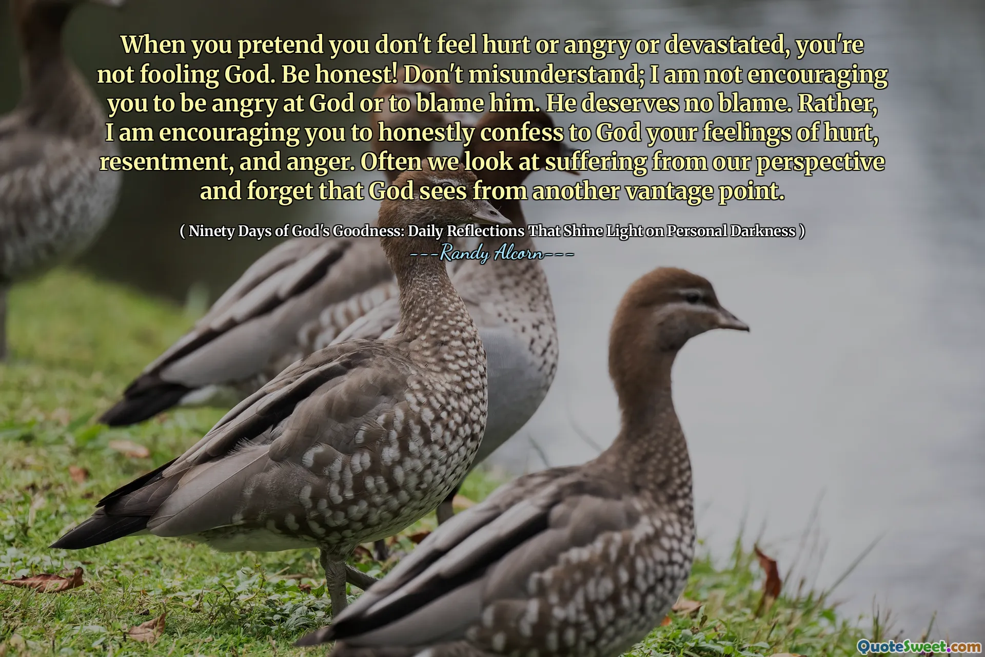 जब आप दिखावा करते हैं कि आप आहत या क्रोधित या तबाह महसूस नहीं करते हैं, तो आप भगवान को बेवकूफ नहीं बना रहे हैं। ईमानदार हो! गलत न समझें; मैं आपको ईश्वर से नाराज होने या उसे दोषी ठहराने के लिए प्रोत्साहित नहीं कर रहा हूं। वह कोई दोष नहीं देता है। बल्कि, मैं आपको ईमानदारी से ईश्वर को आपकी चोट, आक्रोश और क्रोध की भावनाओं को स्वीकार करने के लिए प्रोत्साहित कर रहा हूं। अक्सर हम अपने