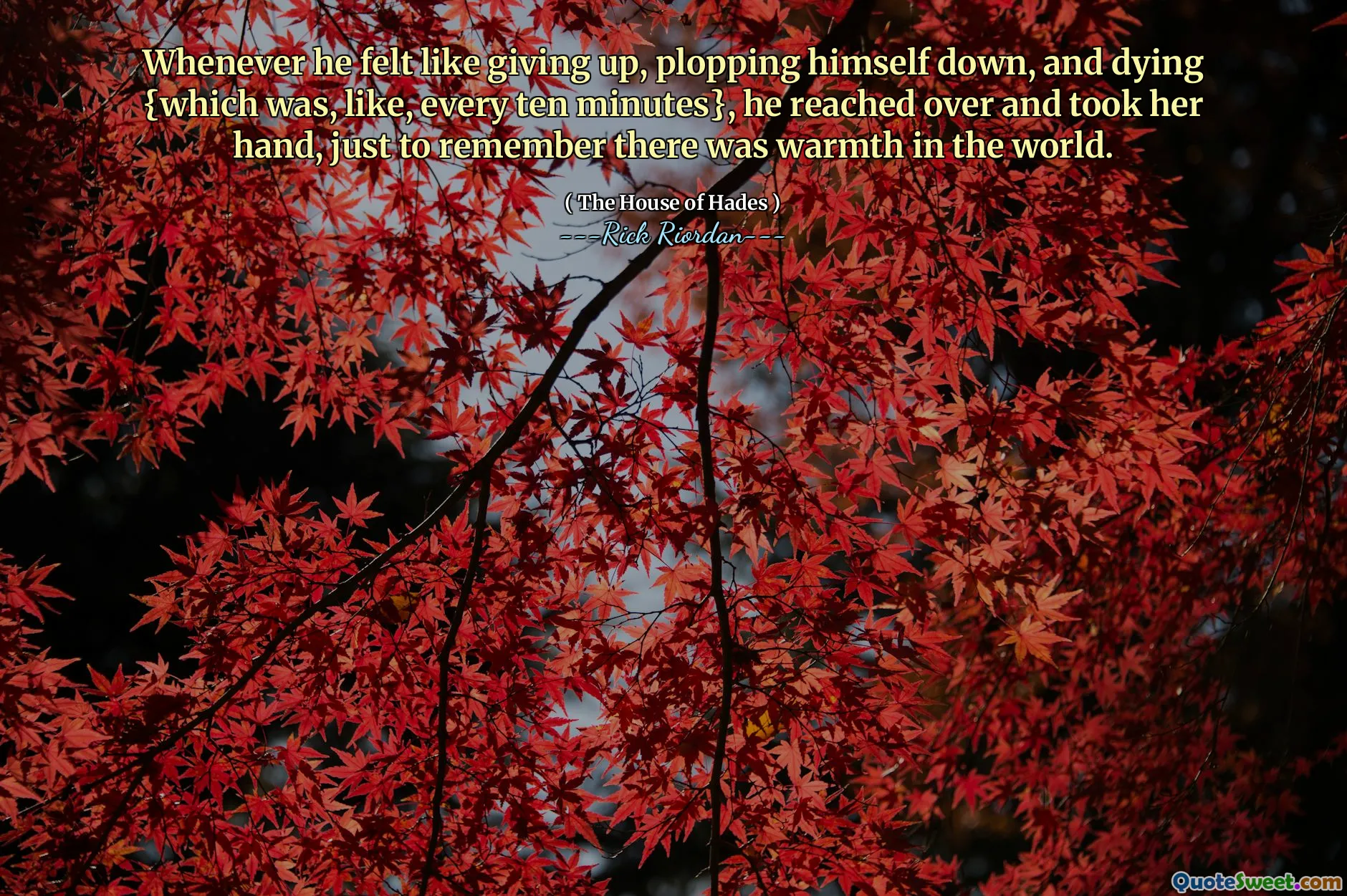 Whenever he felt like giving up, plopping himself down, and dying {which was, like, every ten minutes}, he reached over and took her hand, just to remember there was warmth in the world.