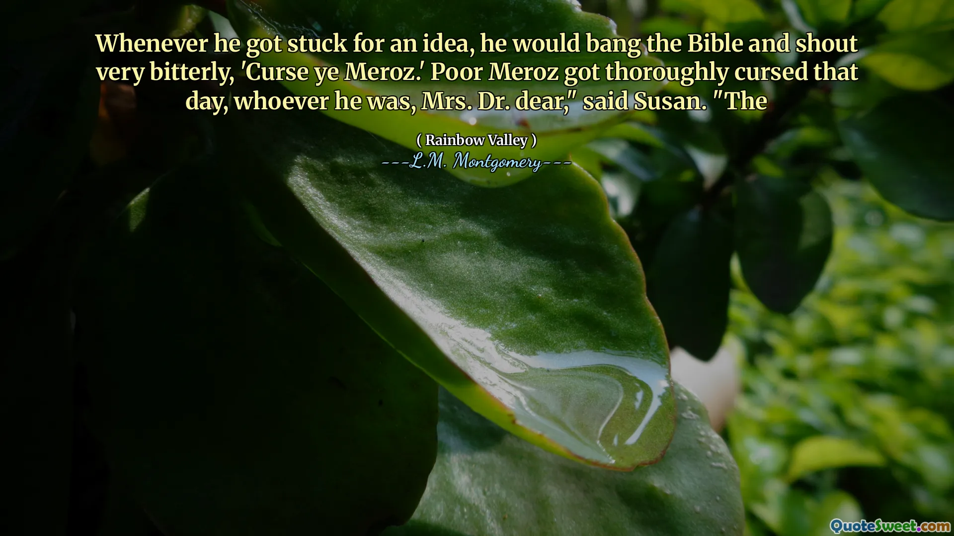 Whenever he got stuck for an idea, he would bang the Bible and shout very bitterly, 'Curse ye Meroz.' Poor Meroz got thoroughly cursed that day, whoever he was, Mrs. Dr. dear," said Susan. "The