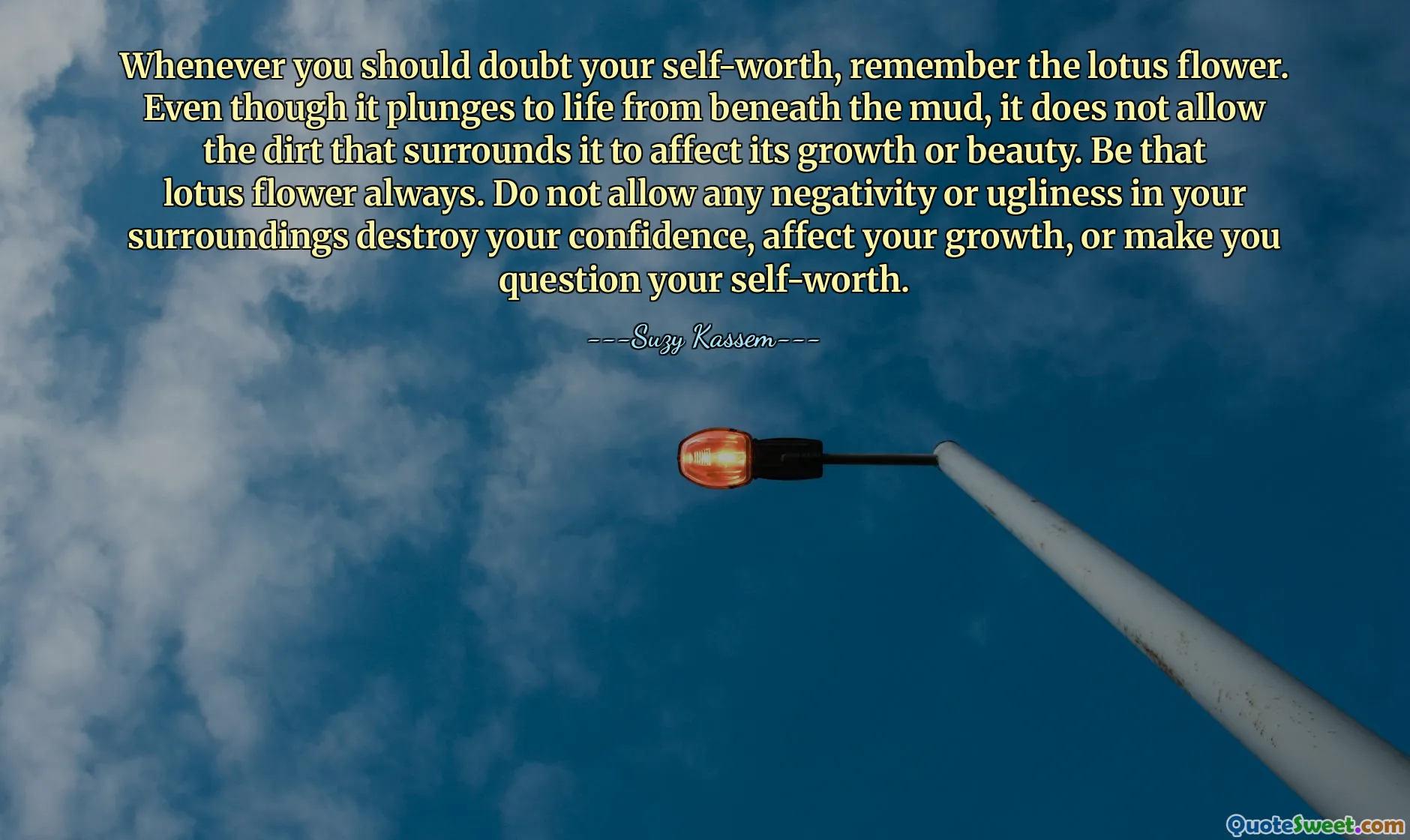 Whenever you should doubt your self-worth, remember the lotus flower. Even though it plunges to life from beneath the mud, it does not allow the dirt that surrounds it to affect its growth or beauty. Be that lotus flower always. Do not allow any negativity or ugliness in your surroundings destroy your confidence, affect your growth, or make you question your self-worth.