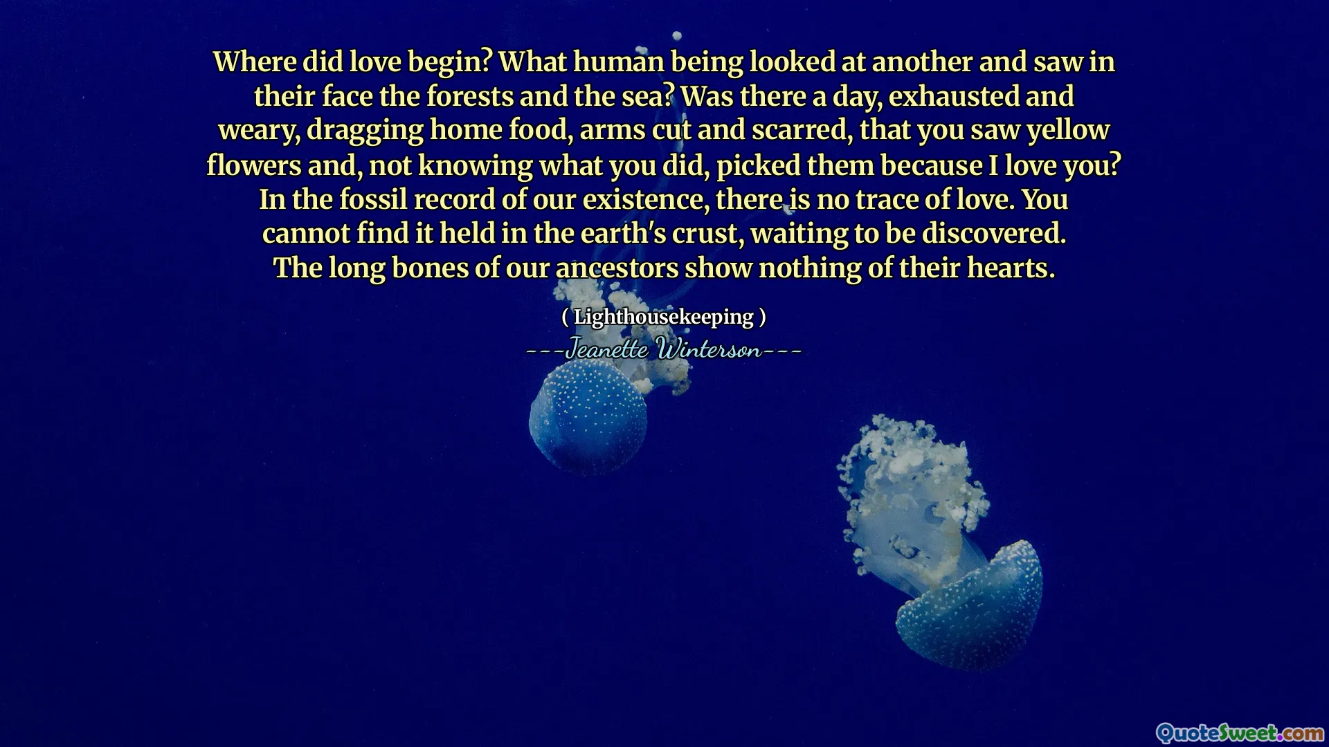 Where did love begin? What human being looked at another and saw in their face the forests and the sea? Was there a day, exhausted and weary, dragging home food, arms cut and scarred, that you saw yellow flowers and, not knowing what you did, picked them because I love you? In the fossil record of our existence, there is no trace of love. You cannot find it held in the earth's crust, waiting to be discovered. The long bones of our ancestors show nothing of their hearts.