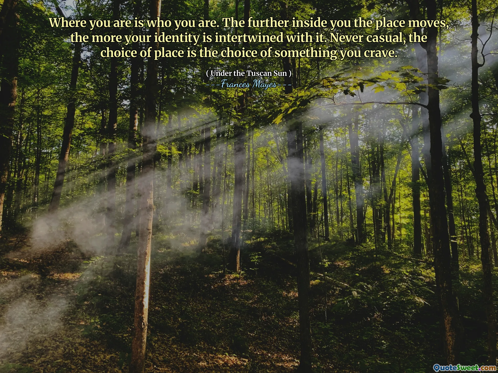 Où vous êtes, c'est qui vous êtes. Plus vous avancez à l'intérieur de vous, plus votre identité est entrelacée avec elle. Jamais décontracté, le choix du lieu est le choix de quelque chose dont vous avez envie.