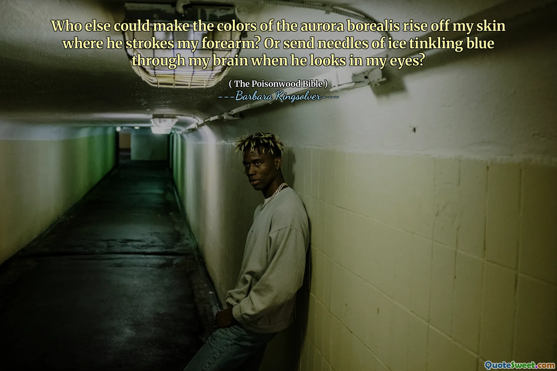 Hvem andre kan få fargene på Aurora Borealis til å stige av huden min der han stryker underarmen min? Eller sende nåler av is som tinende blått gjennom hjernen min når han ser i øynene mine?