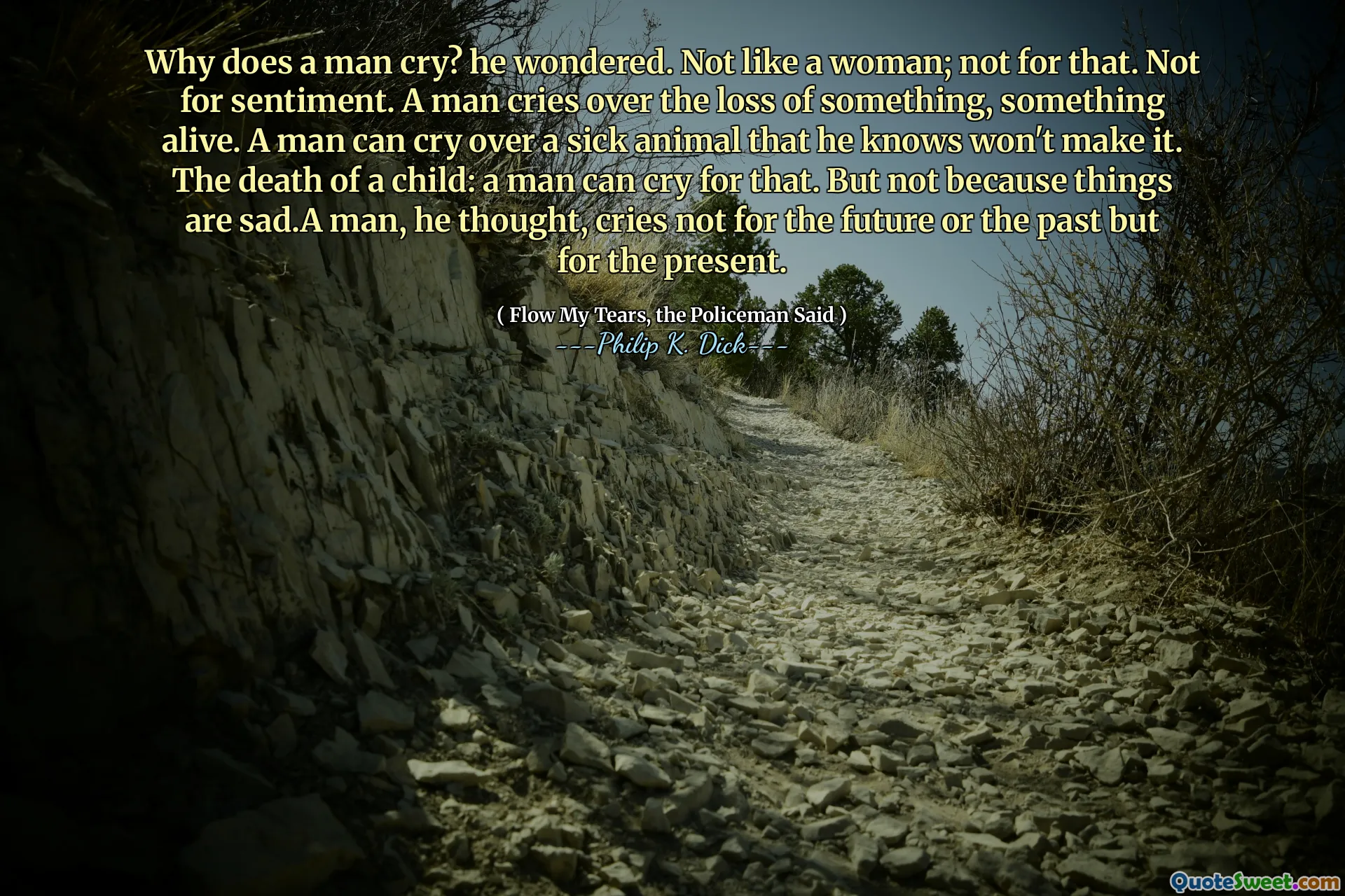 De ce plânge un om? se întreba el. Nu ca o femeie; Nu pentru asta. Nu pentru sentiment. Un bărbat plânge de pierderea a ceva, ceva viu. Un bărbat poate plânge peste un animal bolnav pe care știe că nu îl va face. Moartea unui copil: un bărbat poate plânge pentru asta. Dar nu pentru că lucrurile sunt triste. Un om, a crezut el, nu plânge pentru viitor sau trecut, ci pentru prezent.