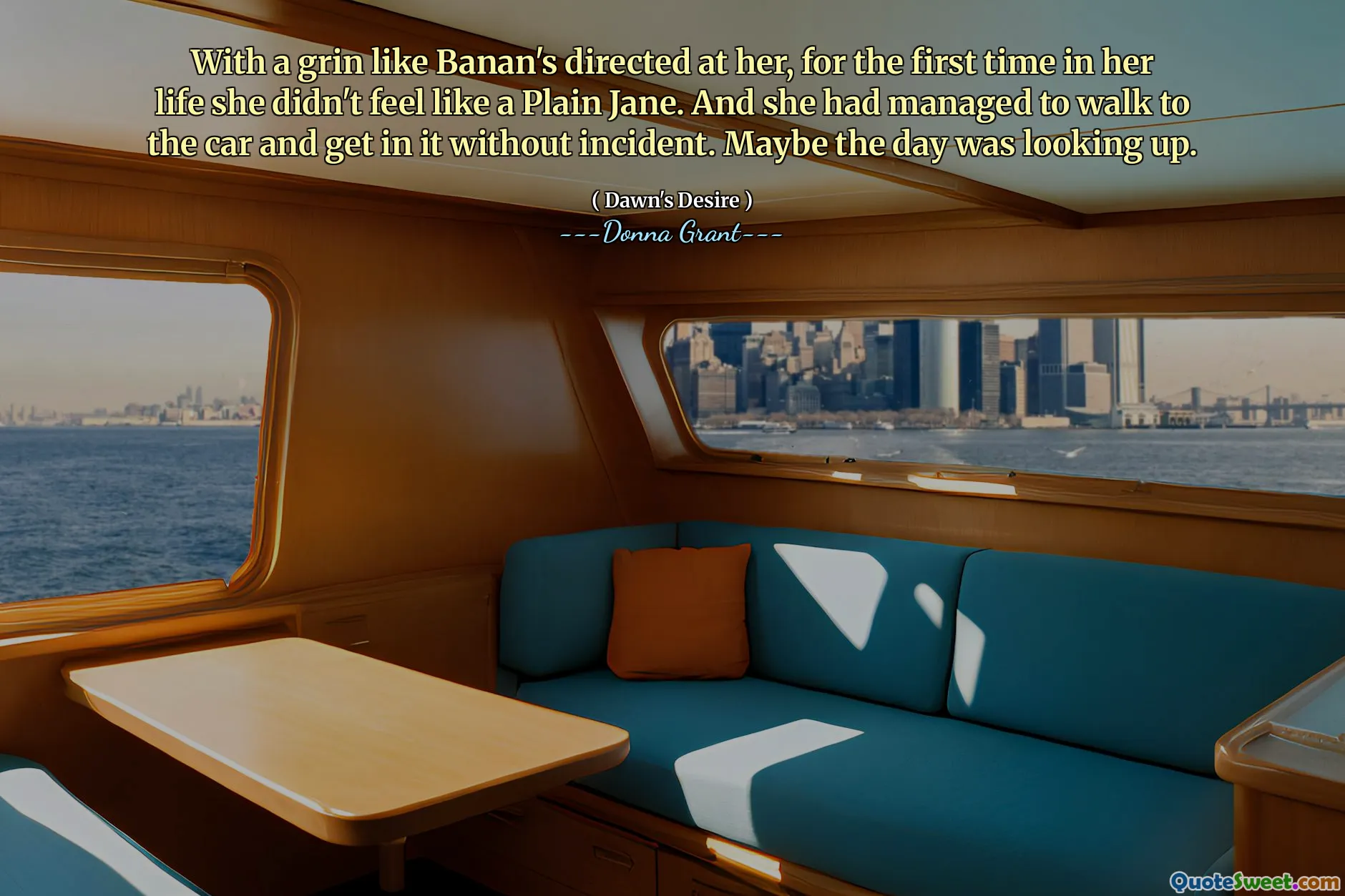 With a grin like Banan's directed at her, for the first time in her life she didn't feel like a Plain Jane. And she had managed to walk to the car and get in it without incident. Maybe the day was looking up.