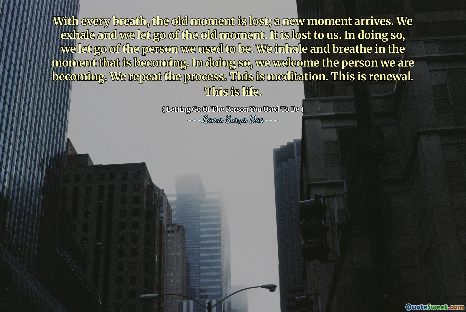 With every breath, the old moment is lost; a new moment arrives. We exhale and we let go of the old moment. It is lost to us. In doing so, we let go of the person we used to be. We inhale and breathe in the moment that is becoming. In doing so, we welcome the person we are becoming. We repeat the process. This is meditation. This is renewal. This is life.
