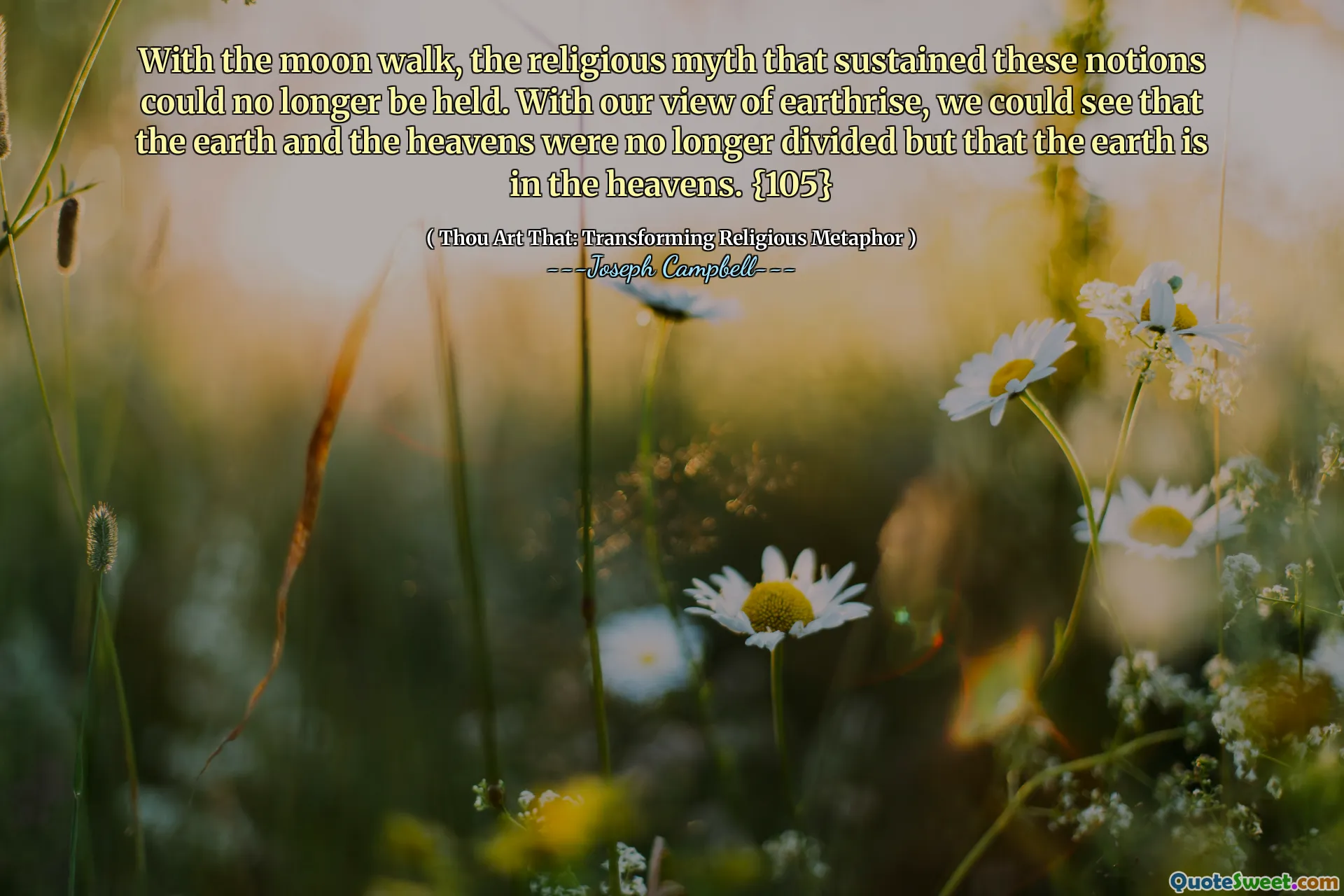 With the moon walk, the religious myth that sustained these notions could no longer be held. With our view of earthrise, we could see that the earth and the heavens were no longer divided but that the earth is in the heavens. {105}