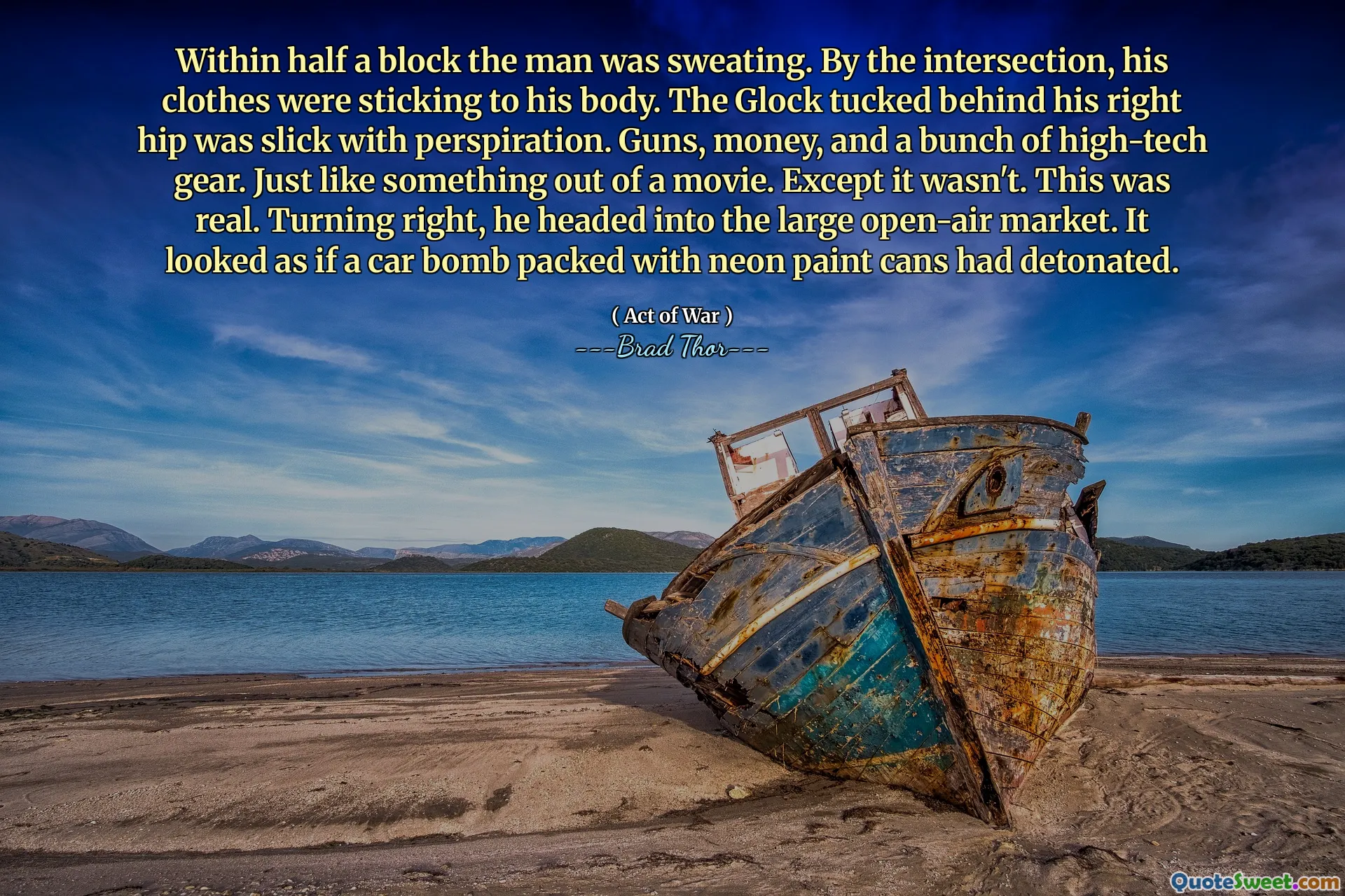 В половине блока мужчина потел. По пересечению его одежда придерживалась его тела. Глок, спрятанный за правым бедром, был гладким от пота. Оружие, деньги и куча высокотехнологичных снарядов. Так же, как что -то из фильма. За исключением того, что это не было. Это было реально. Повернув направо, он направился на большой рынок под открытым небом. Это выглядело так, как будто автомобильная бомба, наполненная неоновыми банками для краски, взорвалась.