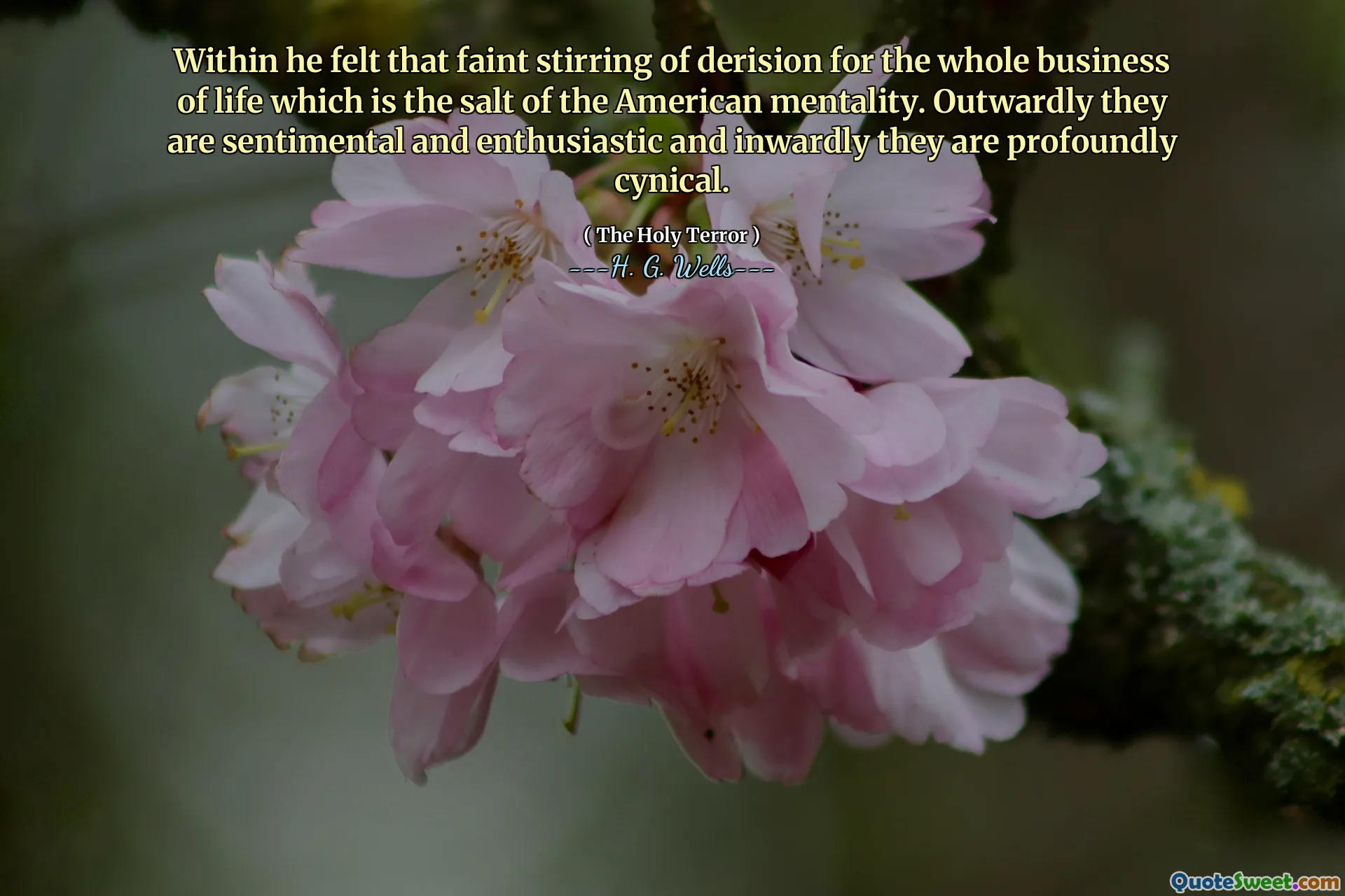 Within he felt that faint stirring of derision for the whole business of life which is the salt of the American mentality. Outwardly they are sentimental and enthusiastic and inwardly they are profoundly cynical.