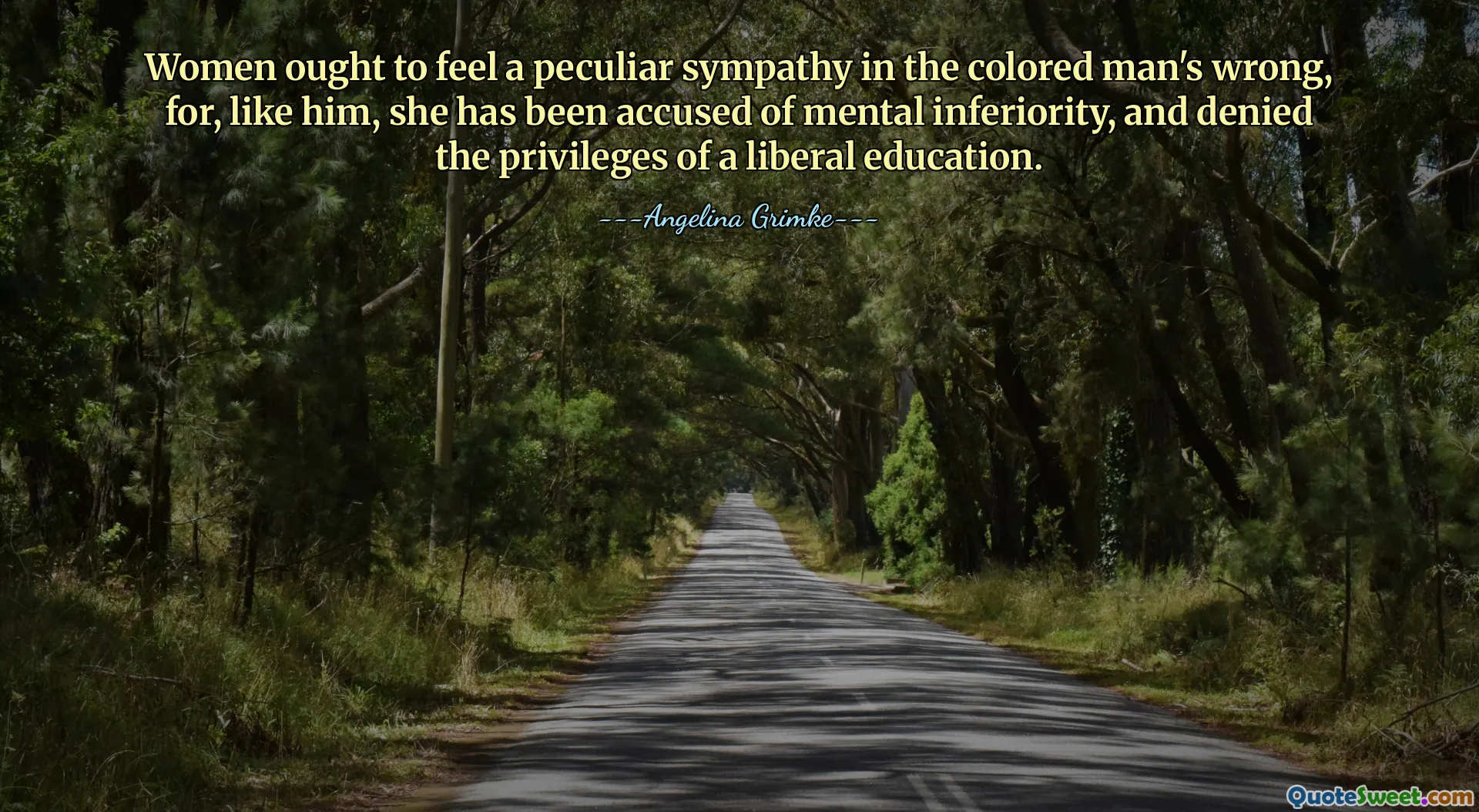 महिलाओं को रंगीन आदमी की गलतियों पर एक विशेष सहानुभूति महसूस करनी चाहिए, क्योंकि, उसकी तरह, उन पर भी मानसिक हीनता का आरोप लगाया गया है, और उदार शिक्षा के विशेषाधिकारों से वंचित किया गया है।