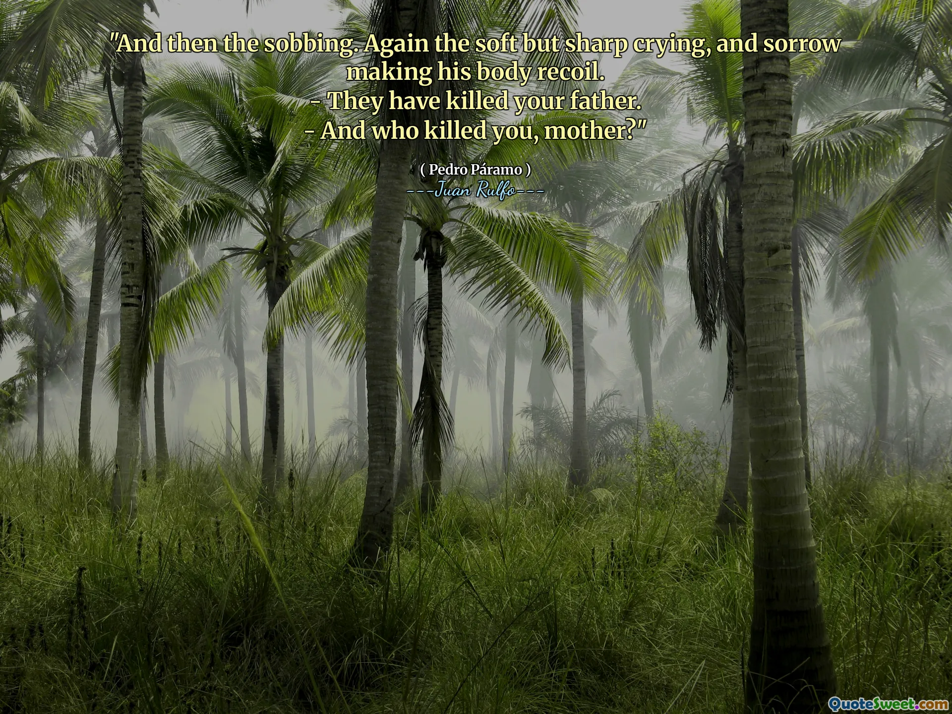"And then the sobbing. Again the soft but sharp crying, and sorrow making his body recoil.
- They have killed your father.
- And who killed you, mother?"
