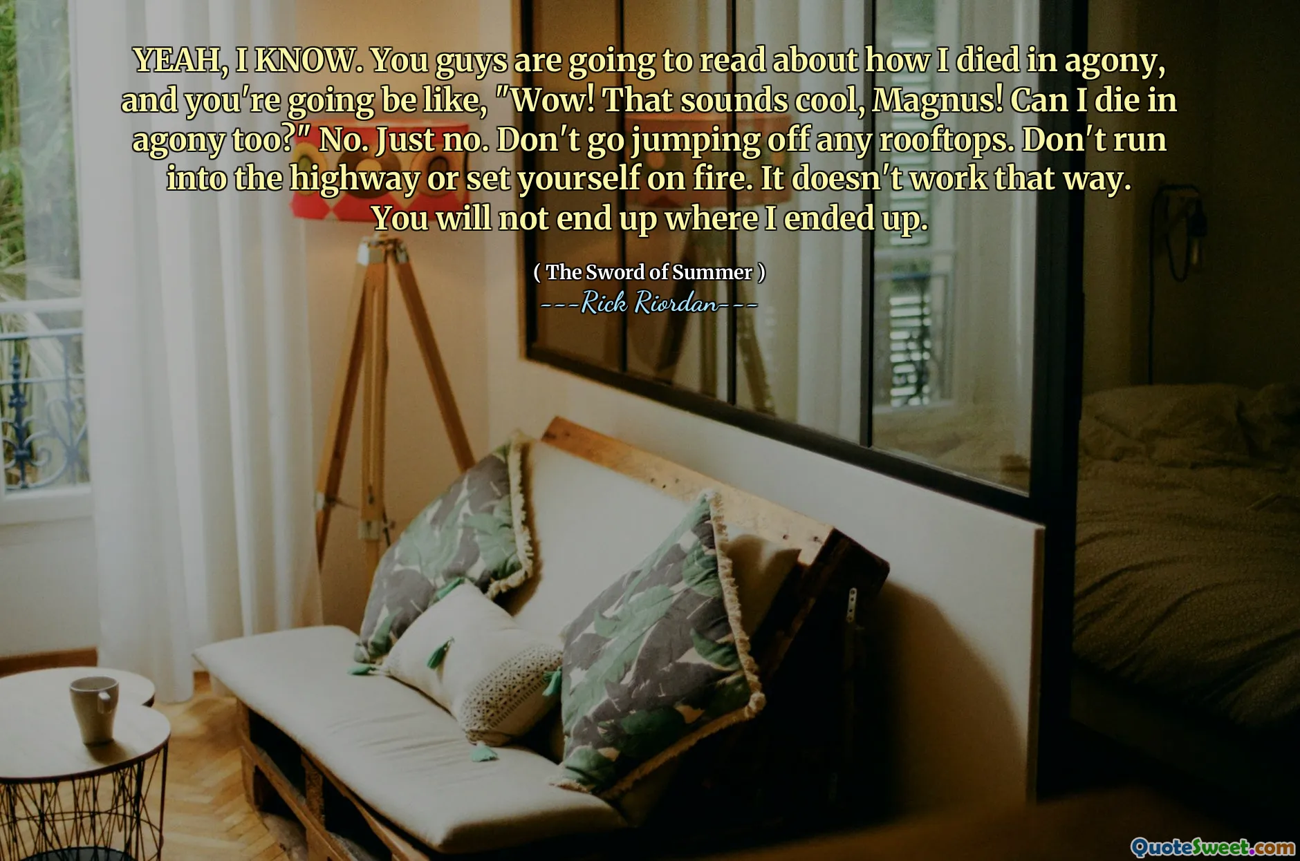 YEAH, I KNOW. You guys are going to read about how I died in agony, and you're going be like, "Wow! That sounds cool, Magnus! Can I die in agony too?" No. Just no. Don't go jumping off any rooftops. Don't run into the highway or set yourself on fire. It doesn't work that way. You will not end up where I ended up.