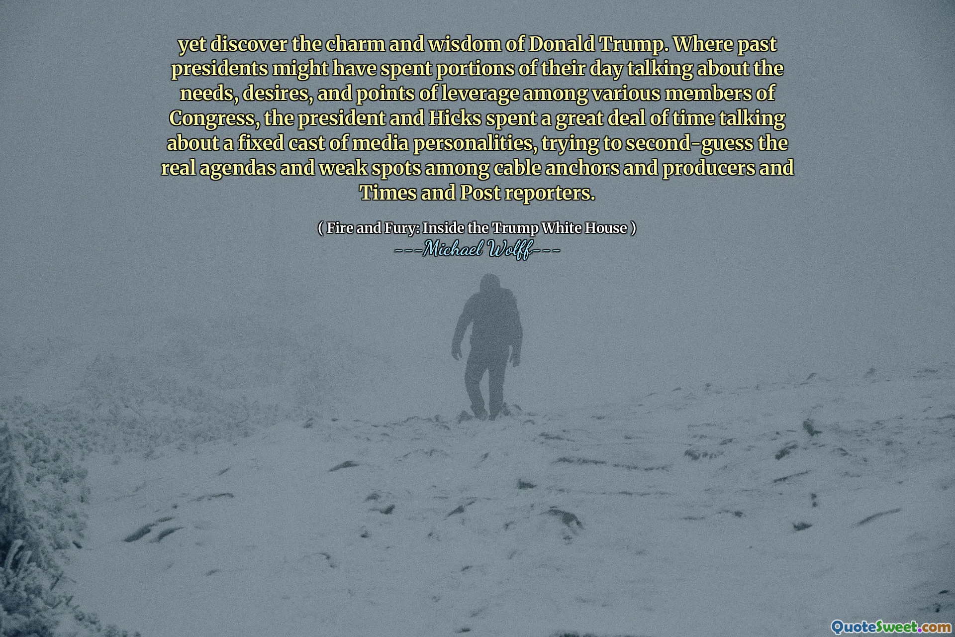 yet discover the charm and wisdom of Donald Trump. Where past presidents might have spent portions of their day talking about the needs, desires, and points of leverage among various members of Congress, the president and Hicks spent a great deal of time talking about a fixed cast of media personalities, trying to second-guess the real agendas and weak spots among cable anchors and producers and Times and Post reporters.