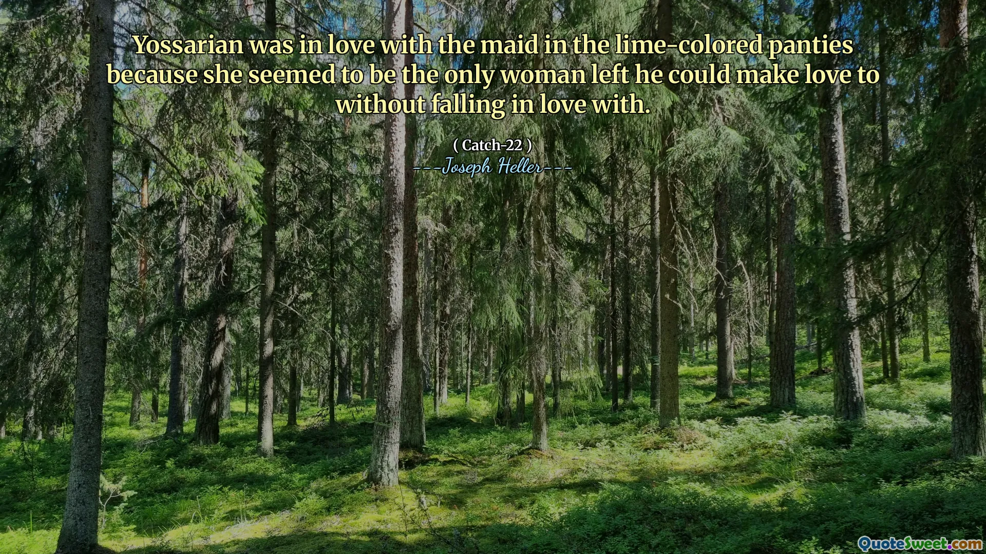 Йоссариан был влюблен в горничную в трусиках из лайма, потому что она, казалось, была единственной оставшейся женщиной, с которой он мог заняться любовью, не влюбившись в.
