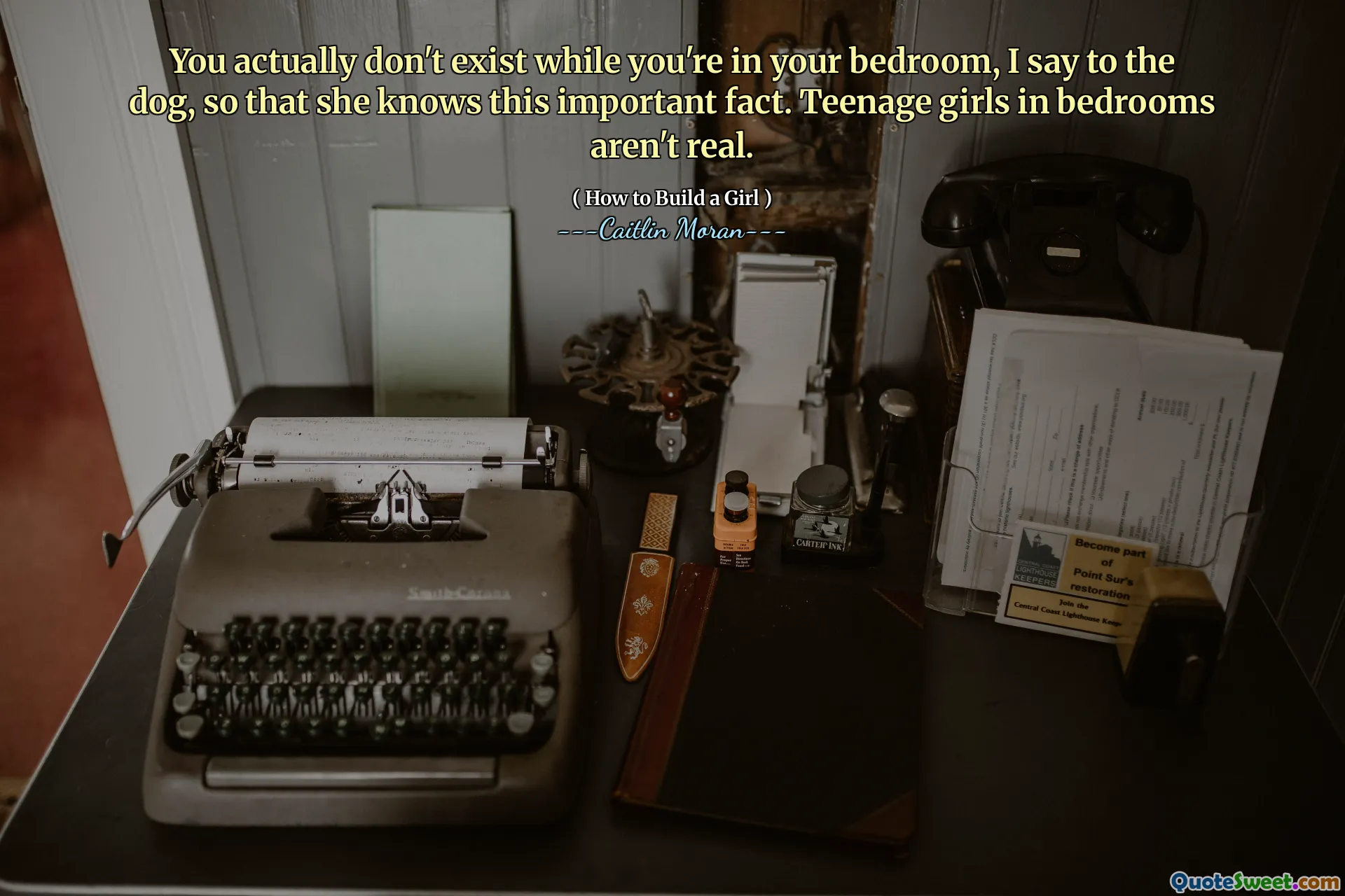 You actually don't exist while you're in your bedroom, I say to the dog, so that she knows this important fact. Teenage girls in bedrooms aren't real.
