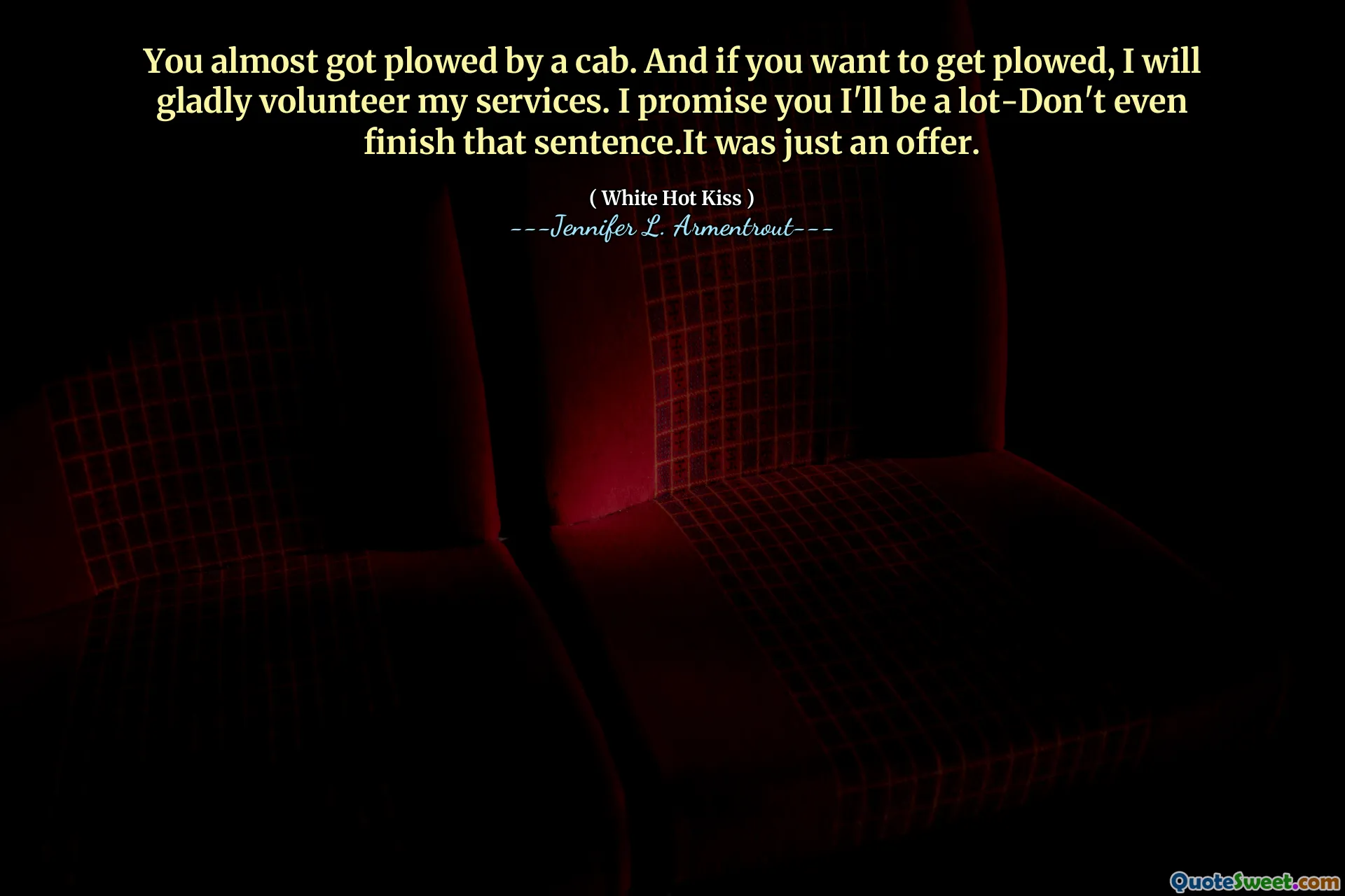 You almost got plowed by a cab. And if you want to get plowed, I will gladly volunteer my services. I promise you I'll be a lot-Don't even finish that sentence.It was just an offer.