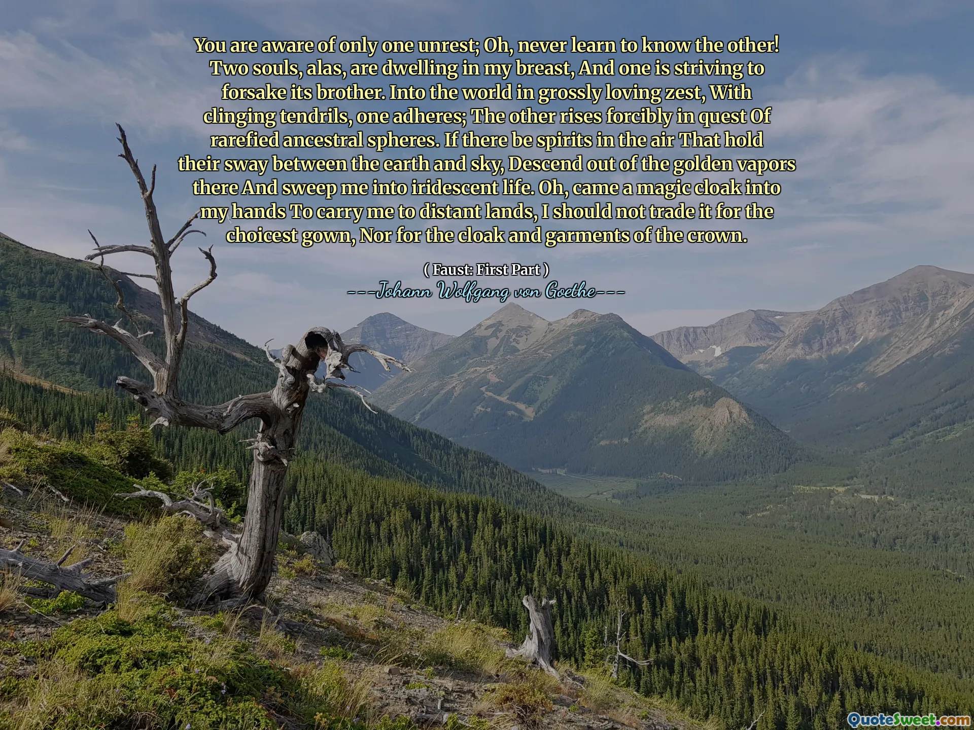 You are aware of only one unrest; Oh, never learn to know the other! Two souls, alas, are dwelling in my breast, And one is striving to forsake its brother. Into the world in grossly loving zest, With clinging tendrils, one adheres; The other rises forcibly in quest Of rarefied ancestral spheres. If there be spirits in the air That hold their sway between the earth and sky, Descend out of the golden vapors there And sweep me into iridescent life. Oh, came a magic cloak into my hands To carry me to distant lands, I should not trade it for the choicest gown, Nor for the cloak and garments of the crown.