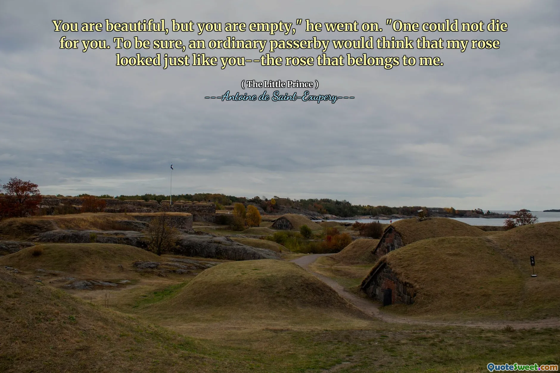 You are beautiful, but you are empty," he went on. "One could not die for you. To be sure, an ordinary passerby would think that my rose looked just like you--the rose that belongs to me.