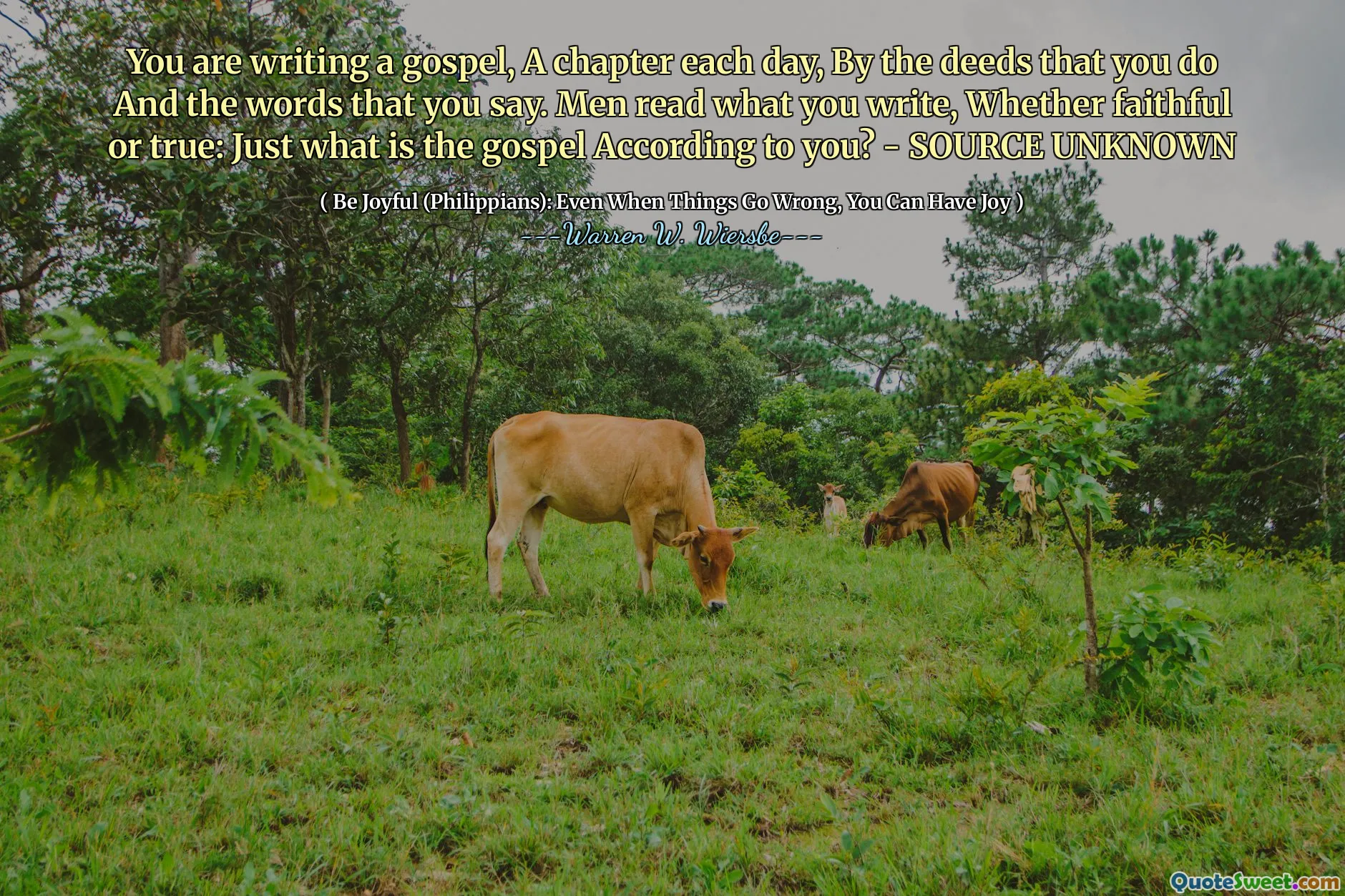 You are writing a gospel, A chapter each day, By the deeds that you do And the words that you say. Men read what you write, Whether faithful or true: Just what is the gospel According to you? - SOURCE UNKNOWN