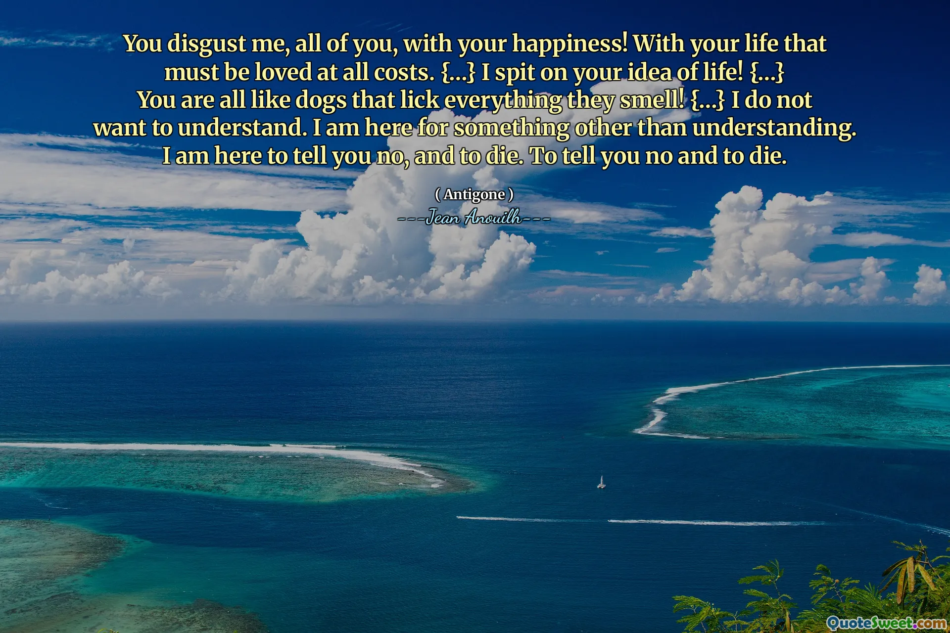 Beni, hepiniz, mutluluğunuzla tiksiniyorsun! Her ne pahasına olursa olsun sevilmesi gereken hayatınızla. {…} Yaşam fikrine tükürüyorum! {…} Hepiniz kokladıkları her şeyi yalayan köpekler gibisiniz! {…} Anlamak istemiyorum. Anlamaktan başka bir şey için buradayım. Sana hayır söylemek ve ölmek için buradayım. Sana hayır ve ölmek için.