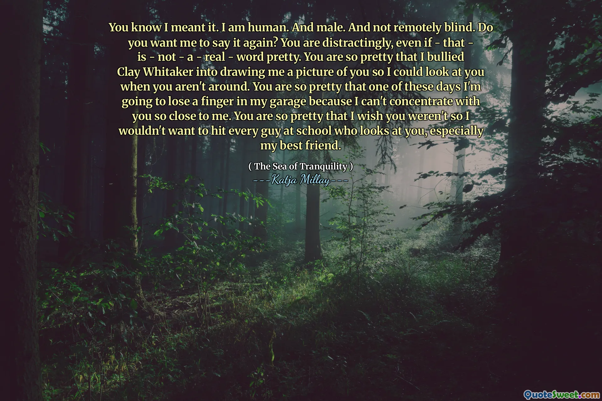 You know I meant it. I am human. And male. And not remotely blind. Do you want me to say it again? You are distractingly, even if - that - is - not - a - real - word pretty. You are so pretty that I bullied Clay Whitaker into drawing me a picture of you so I could look at you when you aren't around. You are so pretty that one of these days I'm going to lose a finger in my garage because I can't concentrate with you so close to me. You are so pretty that I wish you weren't so I wouldn't want to hit every guy at school who looks at you, especially my best friend.