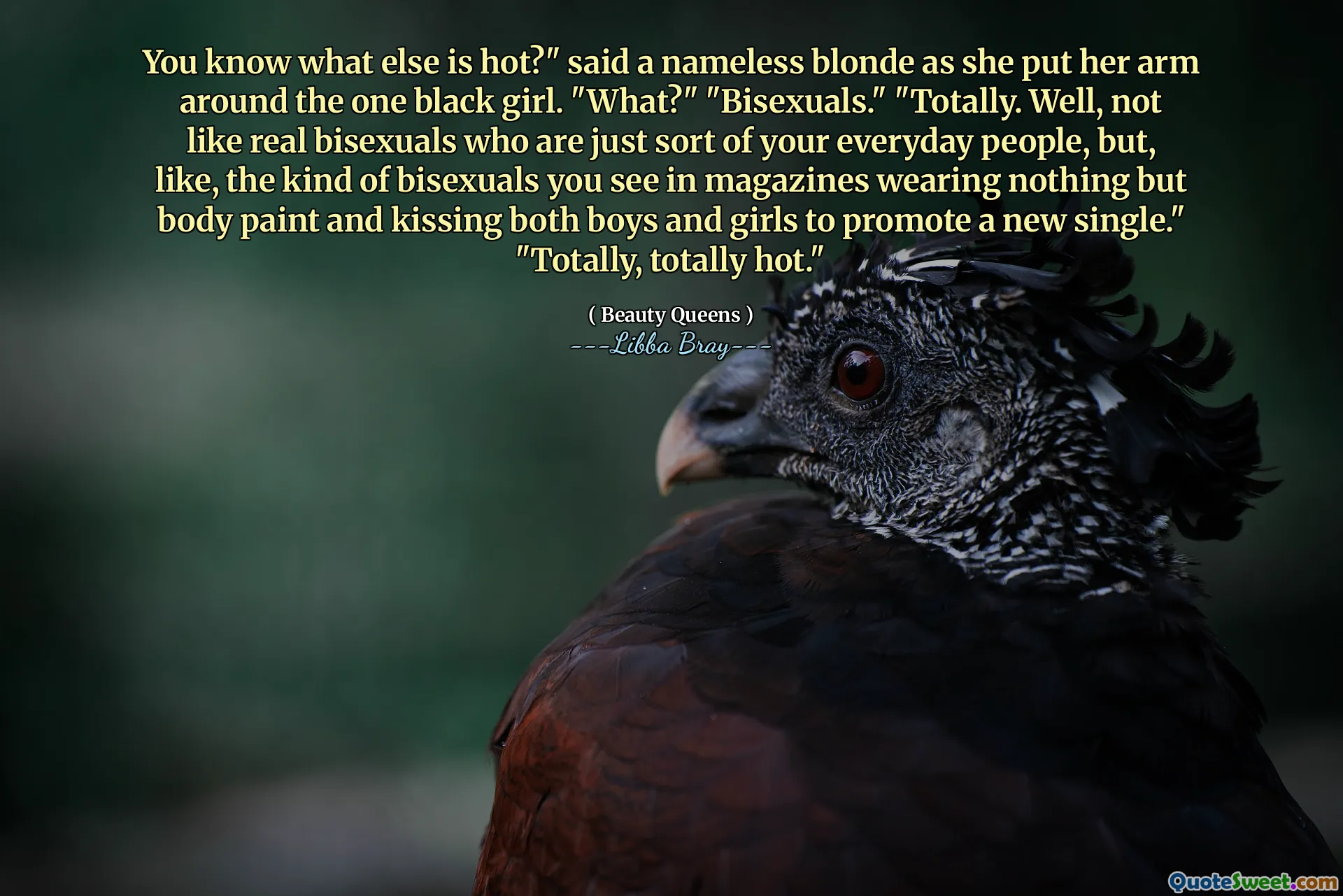 You know what else is hot?" said a nameless blonde as she put her arm around the one black girl. "What?" "Bisexuals." "Totally. Well, not like real bisexuals who are just sort of your everyday people, but, like, the kind of bisexuals you see in magazines wearing nothing but body paint and kissing both boys and girls to promote a new single." "Totally, totally hot."