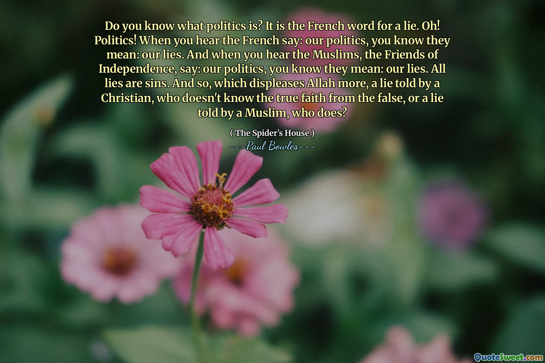 Do you know what politics is? It is the French word for a lie. Oh! Politics! When you hear the French say: our politics, you know they mean: our lies. And when you hear the Muslims, the Friends of Independence, say: our politics, you know they mean: our lies. All lies are sins. And so, which displeases Allah more, a lie told by a Christian, who doesn't know the true faith from the false, or a lie told by a Muslim, who does?