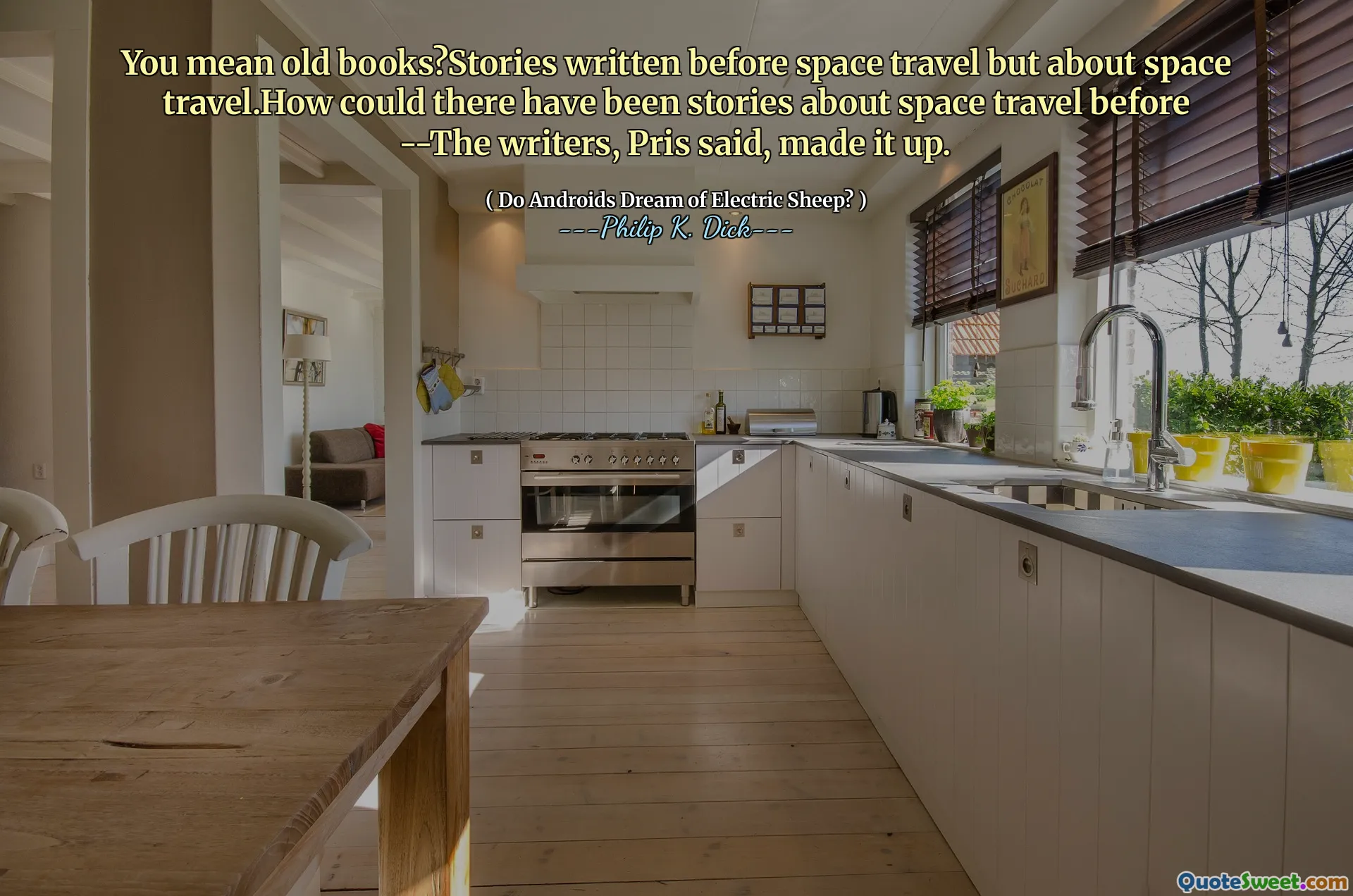 You mean old books?Stories written before space travel but about space travel.How could there have been stories about space travel before --The writers, Pris said, made it up.