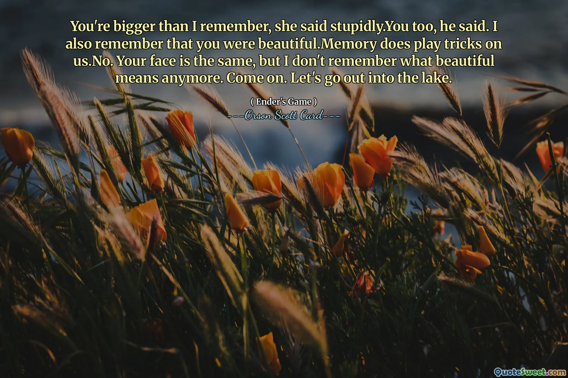 You're bigger than I remember, she said stupidly.You too, he said. I also remember that you were beautiful.Memory does play tricks on us.No. Your face is the same, but I don't remember what beautiful means anymore. Come on. Let's go out into the lake.