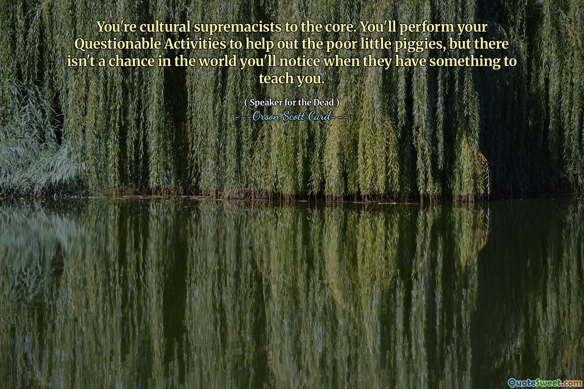 당신은 뼛속까지 문화적 우월주의자입니다. 당신은 불쌍한 작은 돼지들을 돕기 위해 의심스러운 활동을 수행하게 되지만, 그들이 당신에게 가르쳐 줄 것이 있을 때 알아차릴 가능성은 세상에 없습니다.