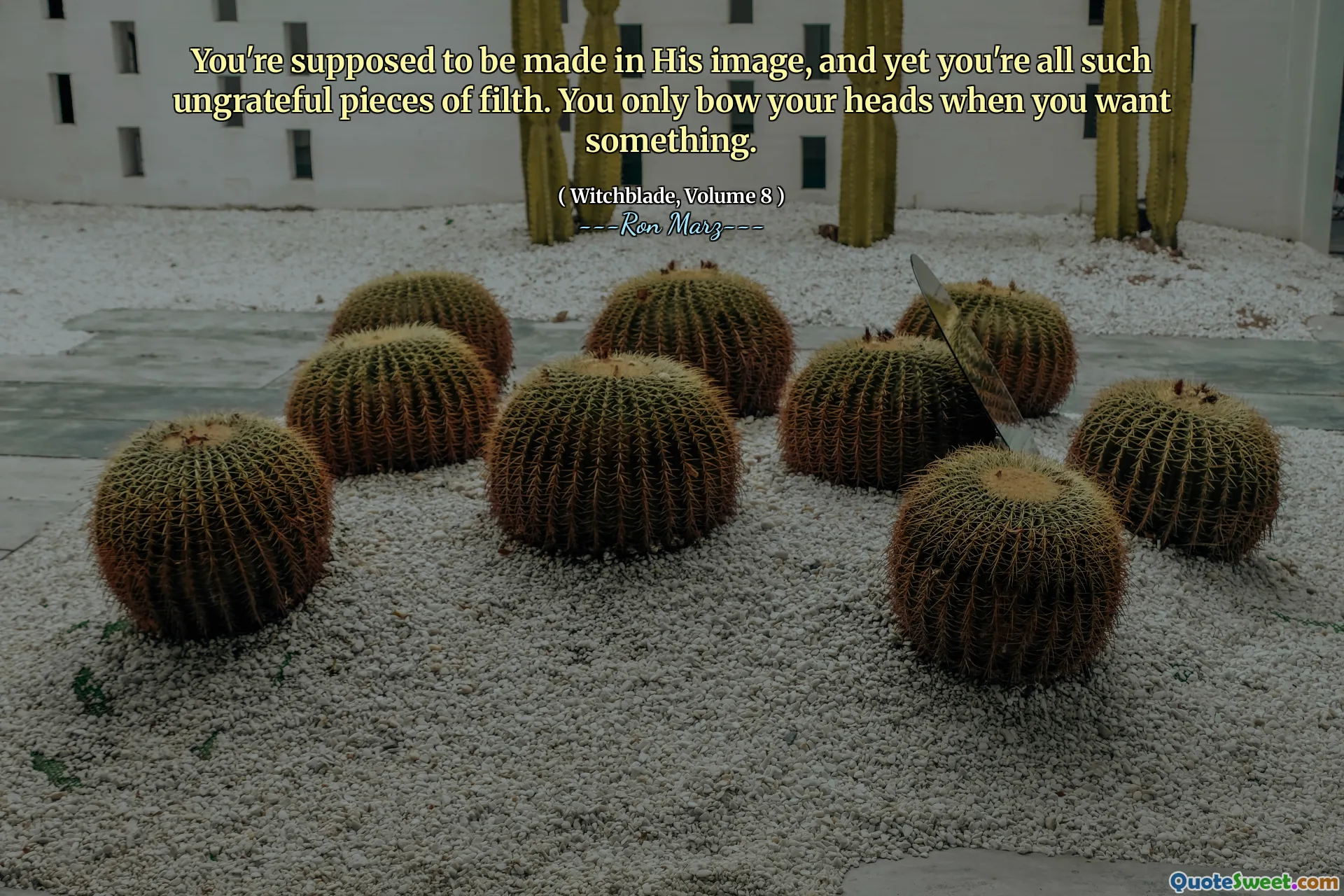 You're supposed to be made in His image, and yet you're all such ungrateful pieces of filth. You only bow your heads when you want something.