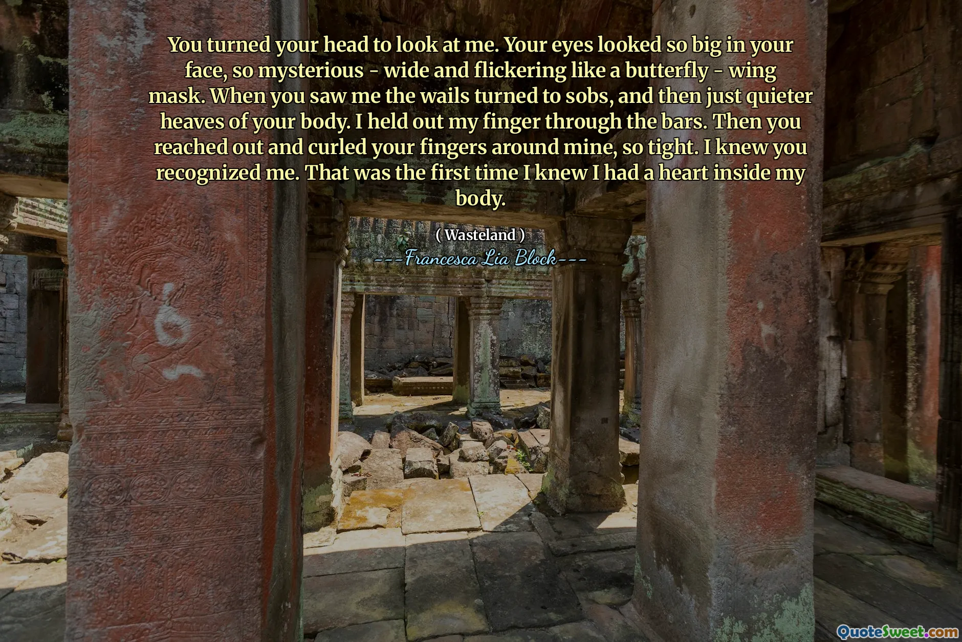 You turned your head to look at me. Your eyes looked so big in your face, so mysterious - wide and flickering like a butterfly - wing mask. When you saw me the wails turned to sobs, and then just quieter heaves of your body. I held out my finger through the bars. Then you reached out and curled your fingers around mine, so tight. I knew you recognized me. That was the first time I knew I had a heart inside my body.