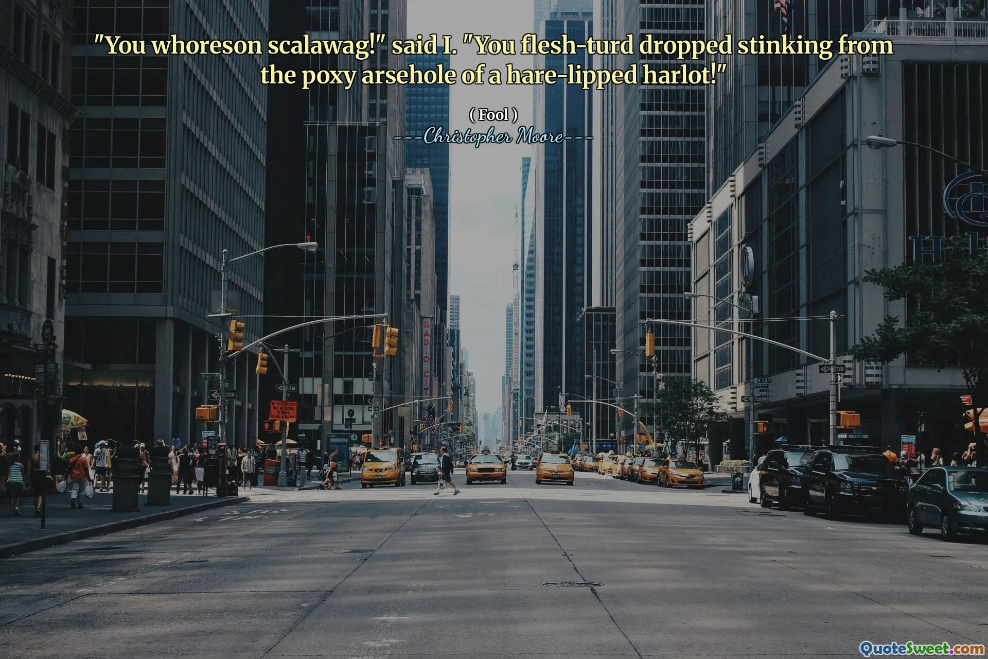 "You whoreson scalawag!" said I. "You flesh-turd dropped stinking from the poxy arsehole of a hare-lipped harlot!"