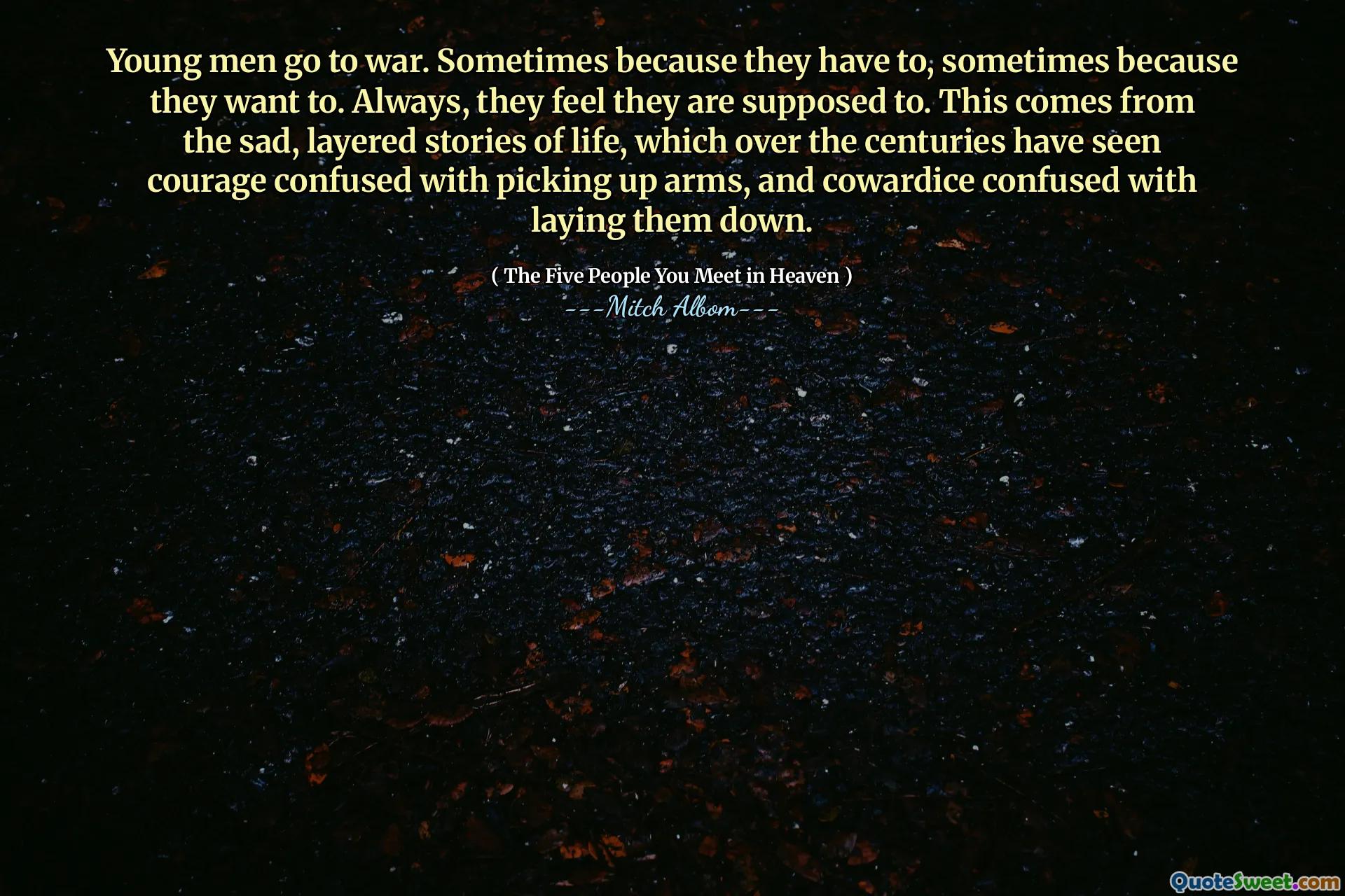 Young men go to war. Sometimes because they have to, sometimes because they want to. Always, they feel they are supposed to. This comes from the sad, layered stories of life, which over the centuries have seen courage confused with picking up arms, and cowardice confused with laying them down.