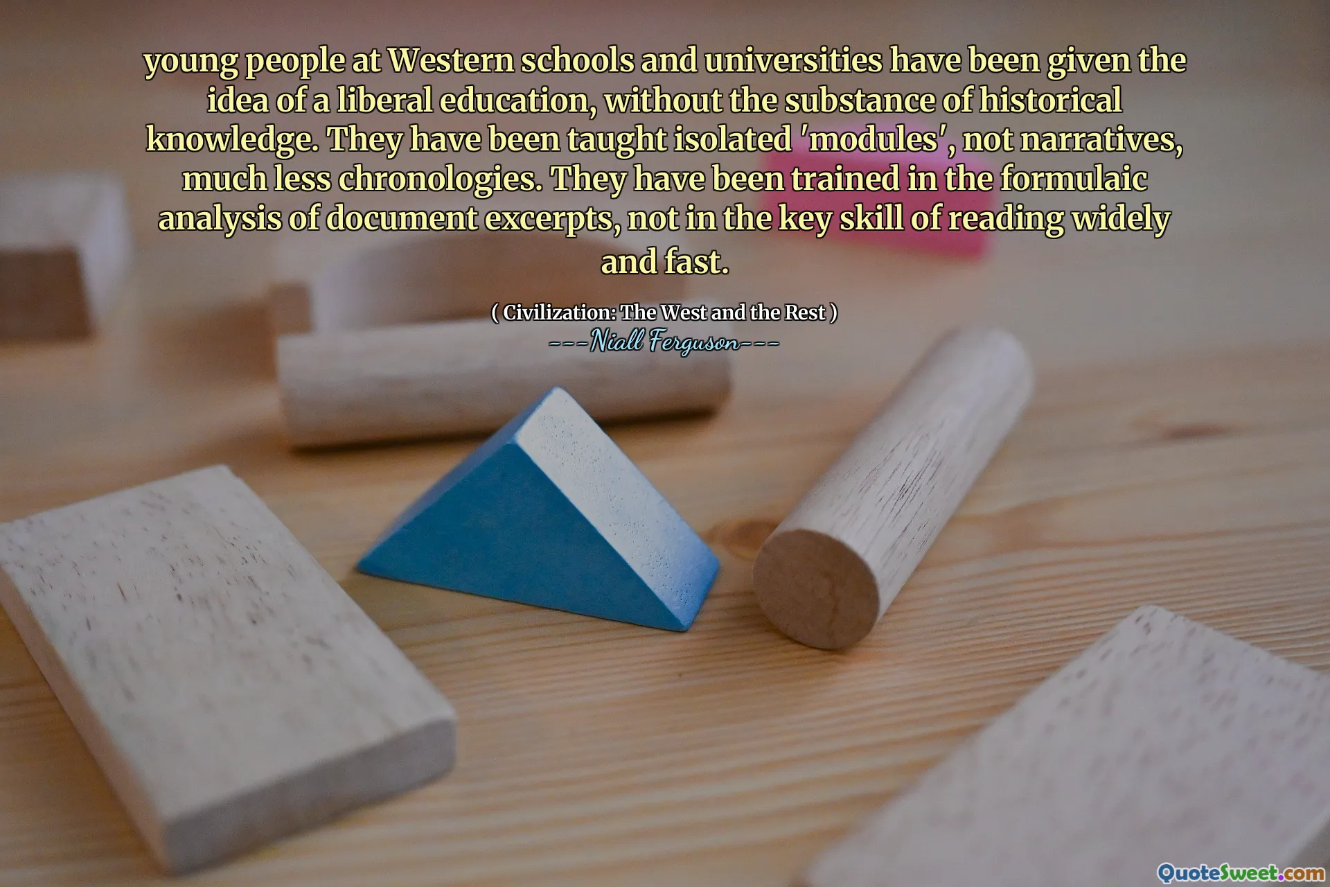 young people at Western schools and universities have been given the idea of a liberal education, without the substance of historical knowledge. They have been taught isolated 'modules', not narratives, much less chronologies. They have been trained in the formulaic analysis of document excerpts, not in the key skill of reading widely and fast.