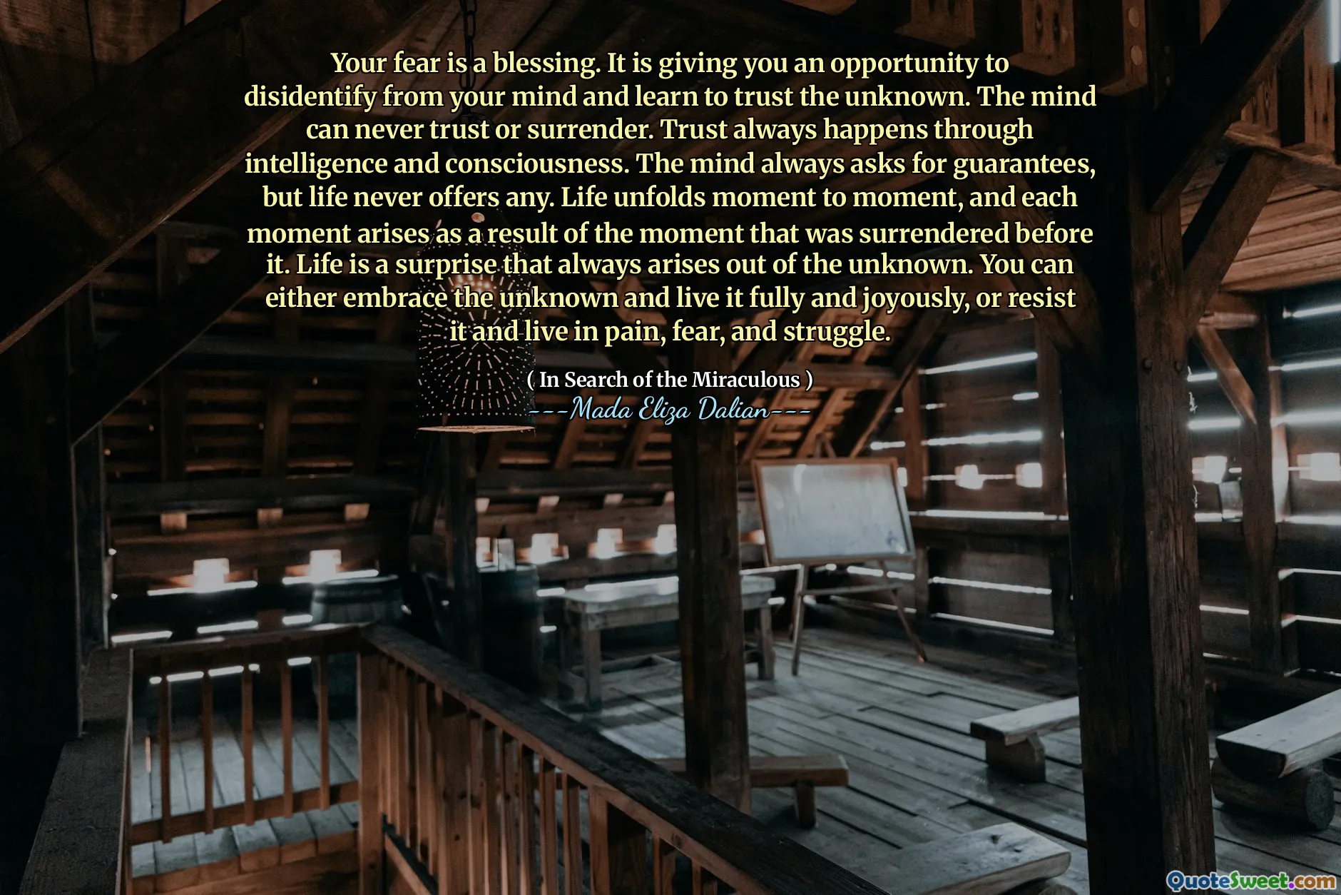Your fear is a blessing. It is giving you an opportunity to disidentify from your mind and learn to trust the unknown. The mind can never trust or surrender. Trust always happens through intelligence and consciousness. The mind always asks for guarantees, but life never offers any. Life unfolds moment to moment, and each moment arises as a result of the moment that was surrendered before it. Life is a surprise that always arises out of the unknown. You can either embrace the unknown and live it fully and joyously, or resist it and live in pain, fear, and struggle.