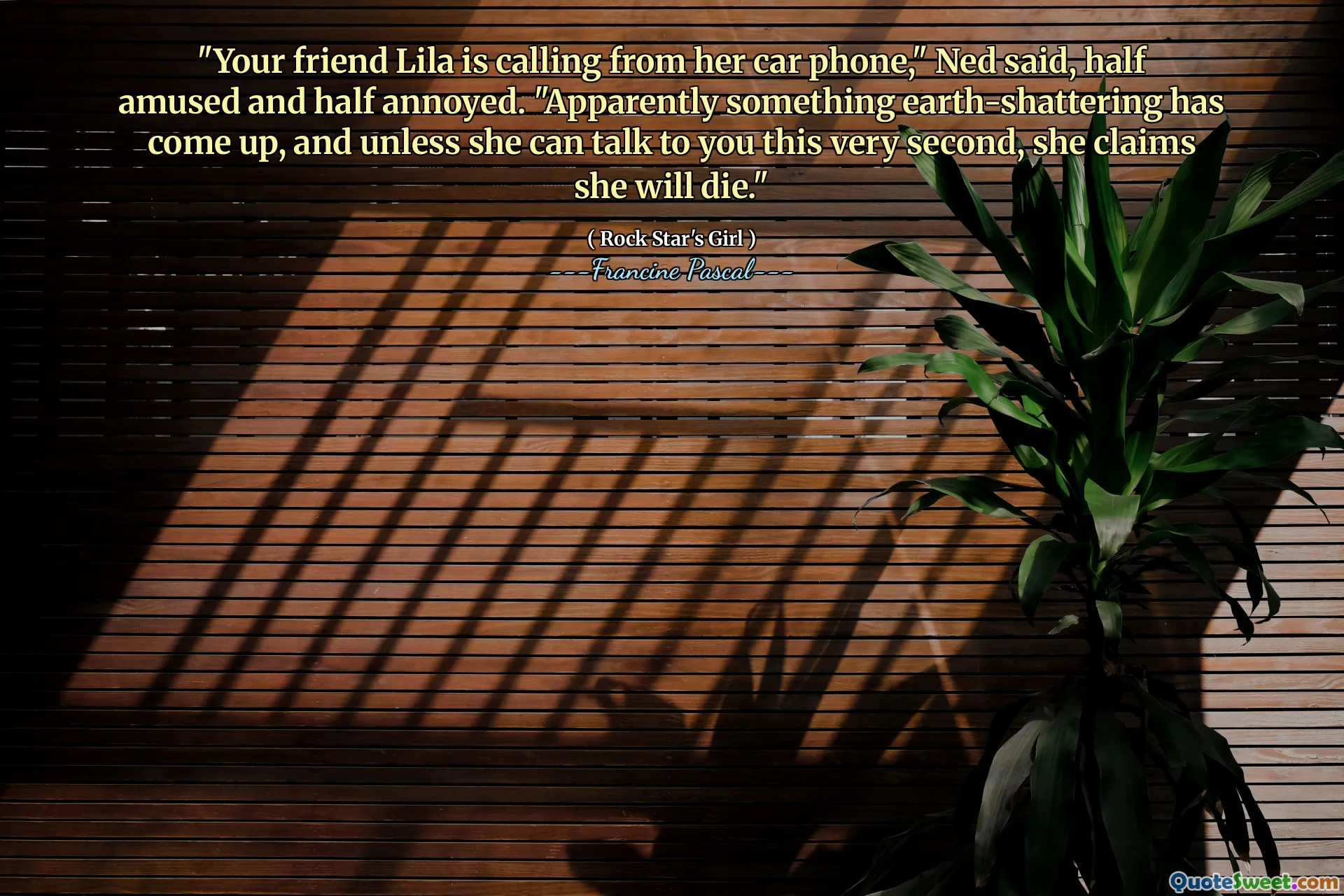 "Your friend Lila is calling from her car phone," Ned said, half amused and half annoyed. "Apparently something earth-shattering has come up, and unless she can talk to you this very second, she claims she will die."
