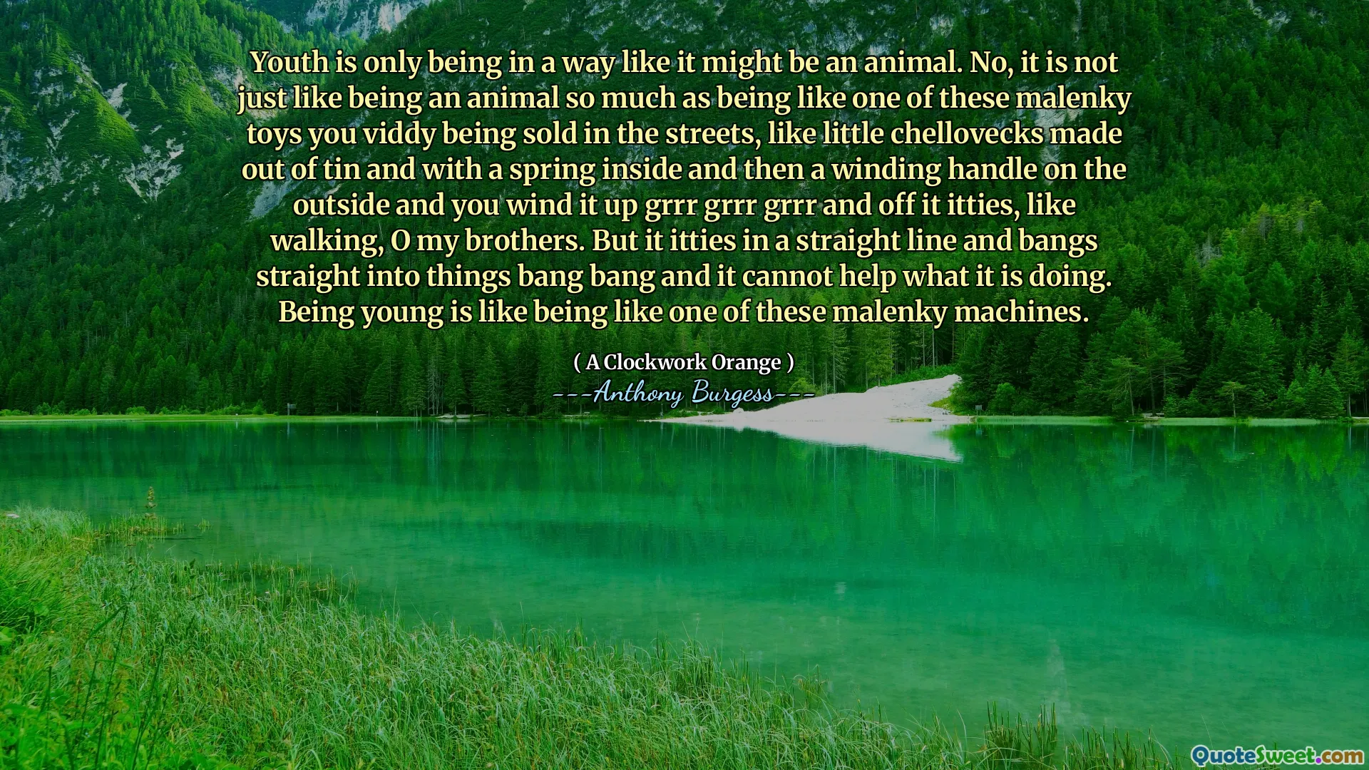 Youth is only being in a way like it might be an animal. No, it is not just like being an animal so much as being like one of these malenky toys you viddy being sold in the streets, like little chellovecks made out of tin and with a spring inside and then a winding handle on the outside and you wind it up grrr grrr grrr and off it itties, like walking, O my brothers. But it itties in a straight line and bangs straight into things bang bang and it cannot help what it is doing. Being young is like being like one of these malenky machines.