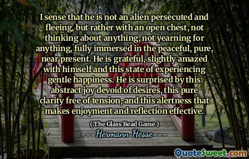 I sense that he is not an alien persecuted and fleeing, but rather with an open chest, not thinking about anything, not yearning for anything, fully immersed in the peaceful, pure, near present. He is grateful, slightly amazed with himself and this state of experiencing gentle happiness. He is surprised by this abstract joy devoid of desires, this pure clarity free of tension, and this alertness that makes enjoyment and reflection effective.