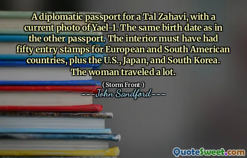 A diplomatic passport for a Tal Zahavi, with a current photo of Yael-1. The same birth date as in the other passport. The interior must have had fifty entry stamps for European and South American countries, plus the U.S., Japan, and South Korea. The woman traveled a lot.