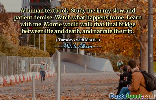 人类教科书。在缓慢而耐心的灭亡中研究我。看我会发生什么。和我一起学习。莫里（Morrie）将在生与死之间的最后一座桥梁上行走，并叙述这次旅行。