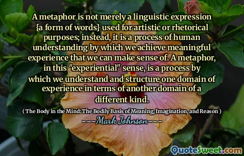 A metaphor is not merely a linguistic expression {a form of words} used for artistic or rhetorical purposes; instead, it is a process of human understanding by which we achieve meaningful experience that we can make sense of. A metaphor, in this "experiential" sense, is a process by which we understand and structure one domain of experience in terms of another domain of a different kind.