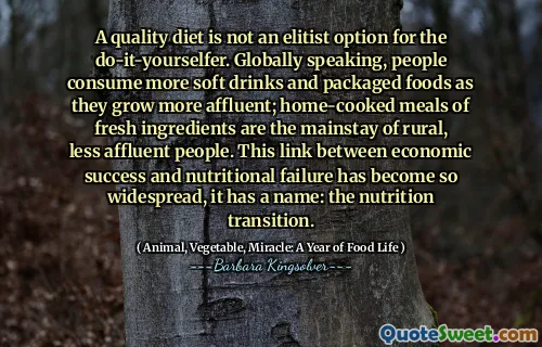 Kvalitní strava není pro elitářská možnost pro do-it-yourselfer. Celosvětově vzato lidé konzumují více nealkoholických nápojů a balených potravin, když rostou bohatší; Domácí jídla čerstvých ingrediencí jsou základem venkovských, méně bohatých lidí. Tato souvislost mezi ekonomickým úspěchem a výživným selháním se stala tak rozšířené, že má název: přechod výživy.